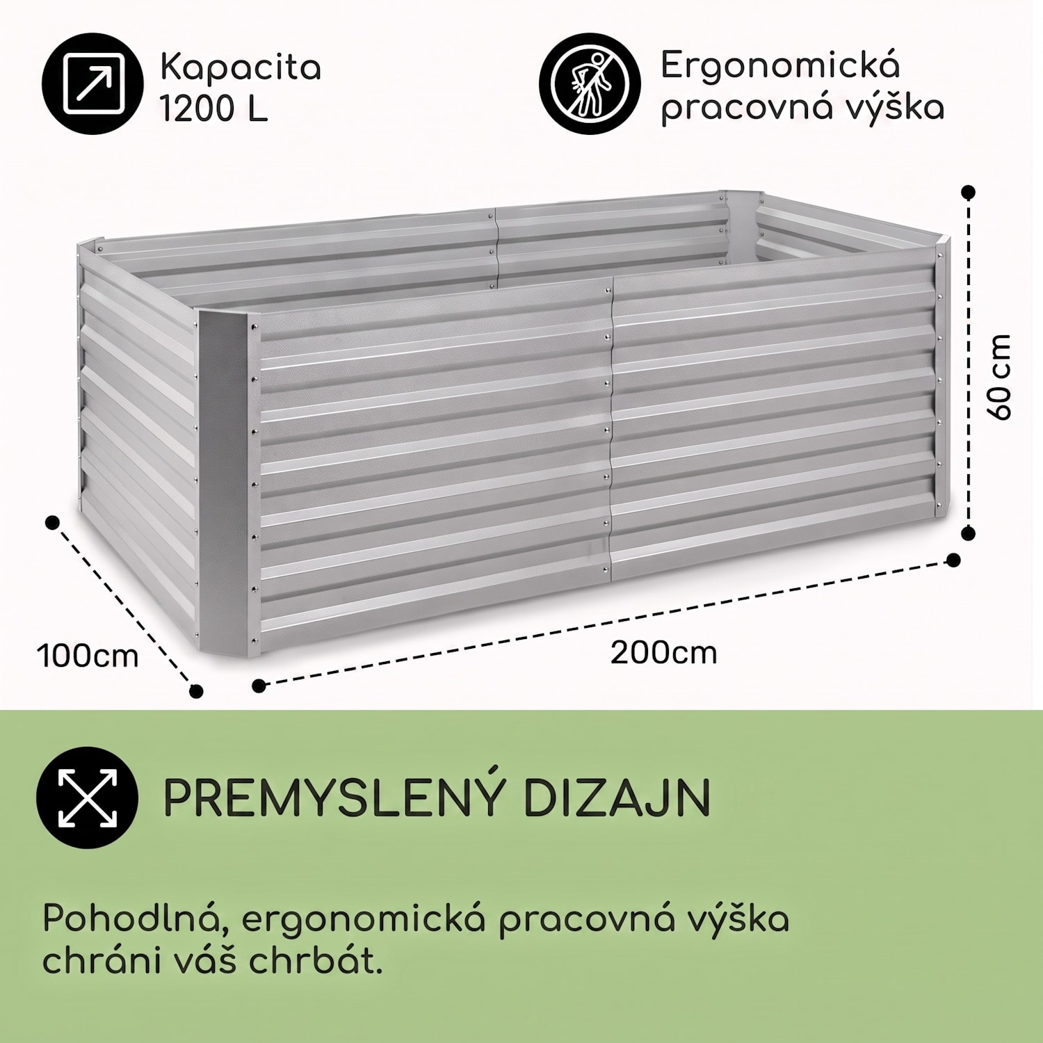 High Grow Straight, vyvýšený záhon, 200 x 60 x 100 cm, 1200 l, oceľ 200 x 100 x 60 cm | Strieborná