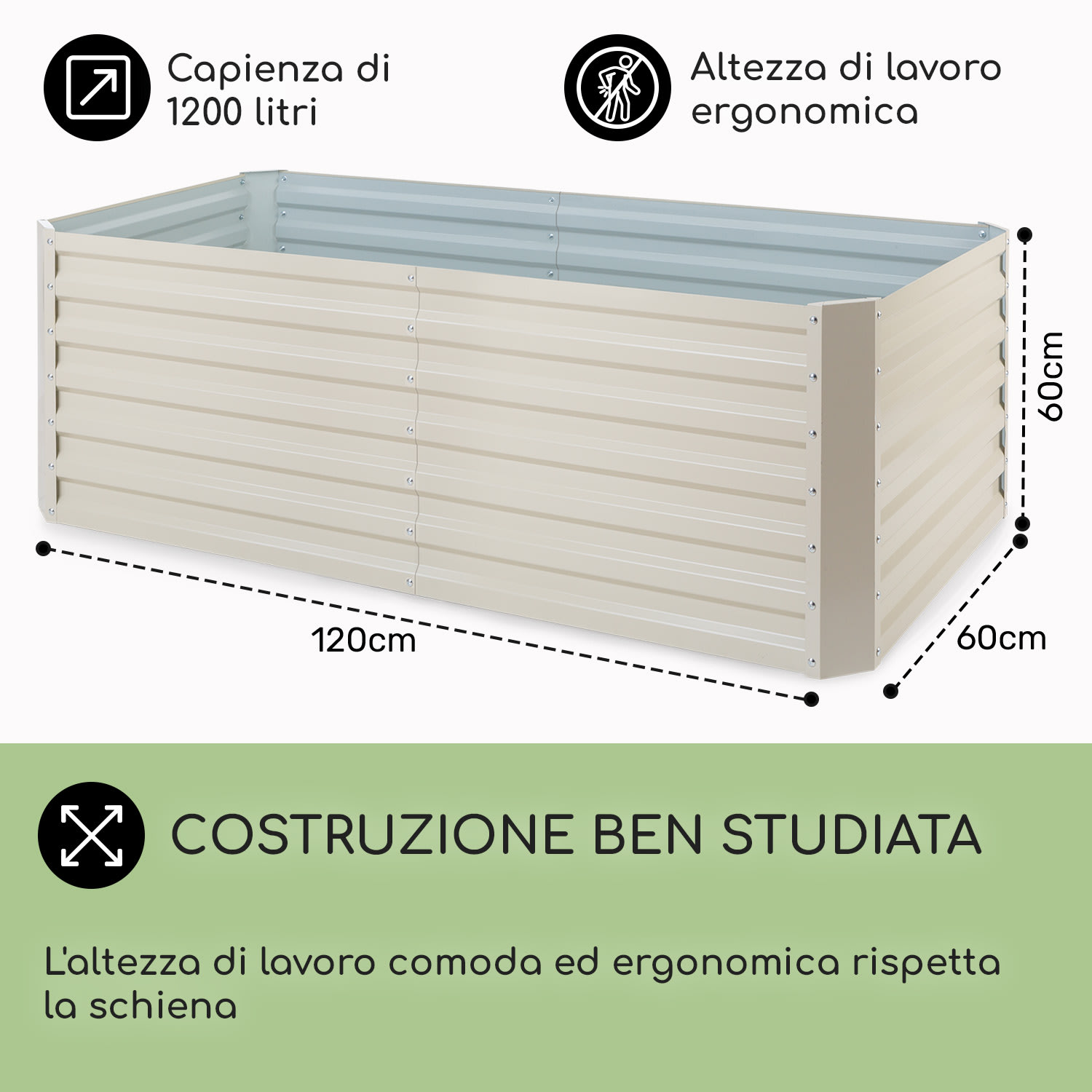 Blum High Grow Straight, Aiuola Rialzata, 200x60x100cm, 1200l, Acciaio 200 x 100 x 60 cm | Crema