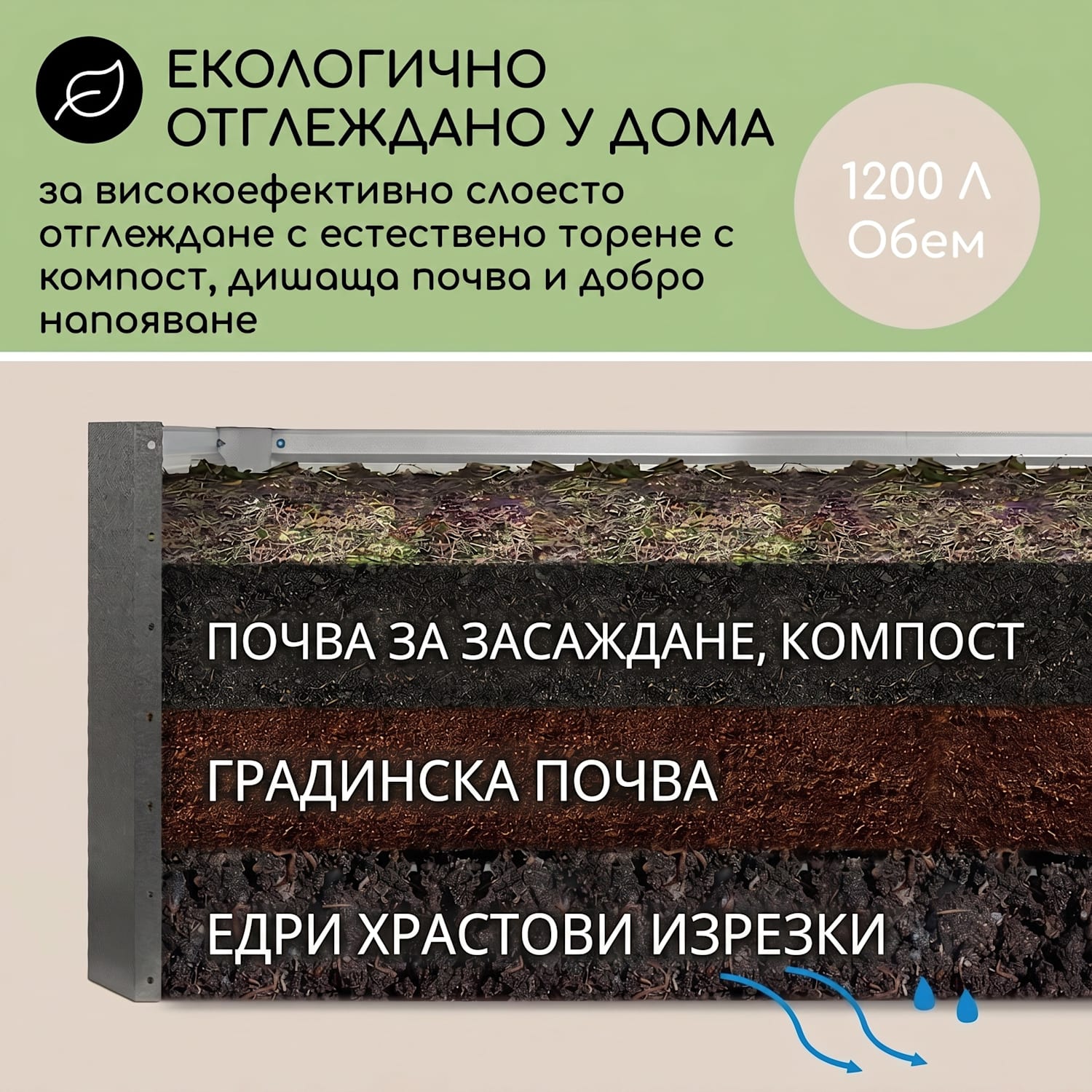 High Grow Straight, повдигната леха, 200 х 60 х 100 см, 1200 л, стомана 200 x 100 x 60 cm | Кремав