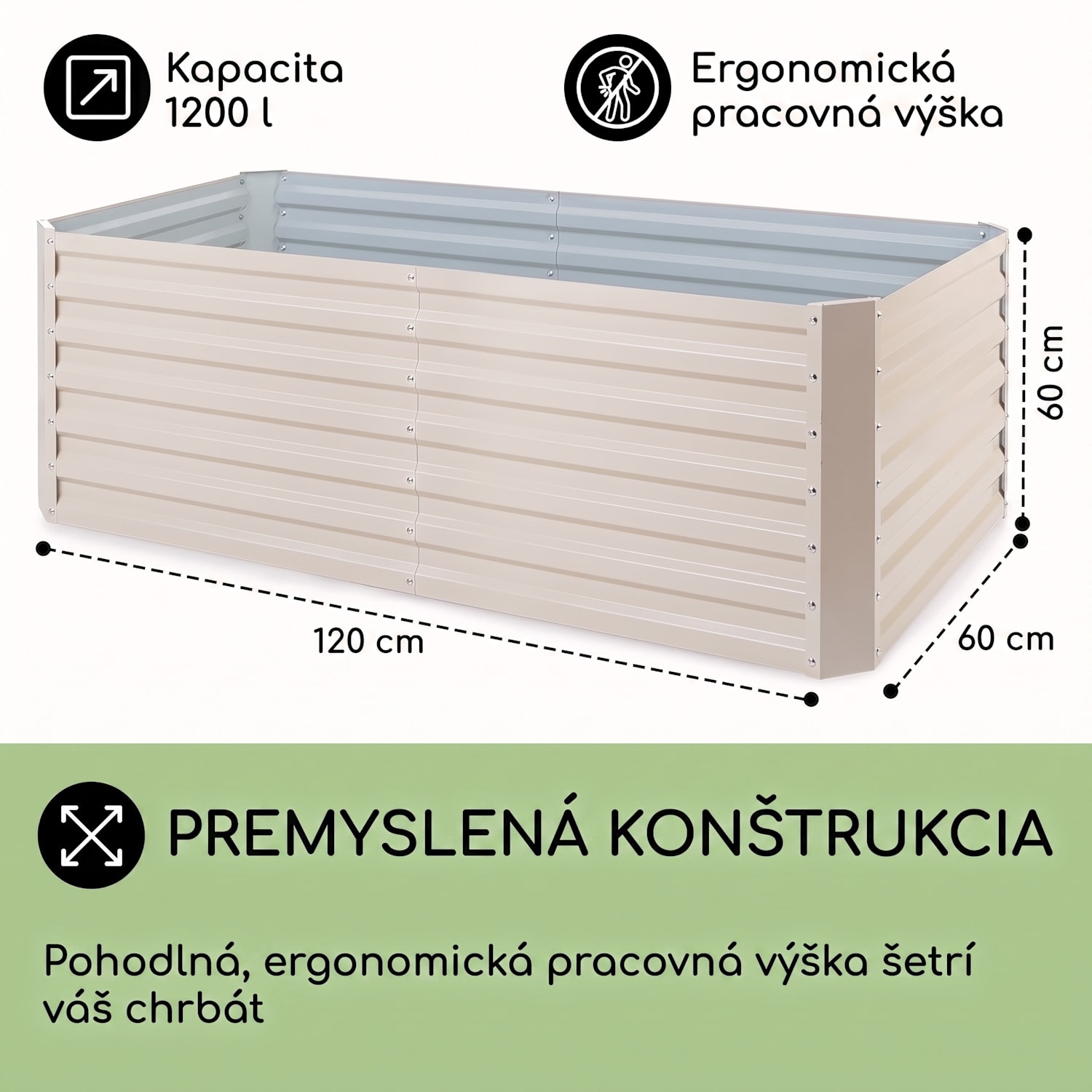 High Grow Straight, vyvýšený záhon, 200 x 60 x 100 cm, 1200 l, oceľ 200 x 100 x 60 cm | Krémová