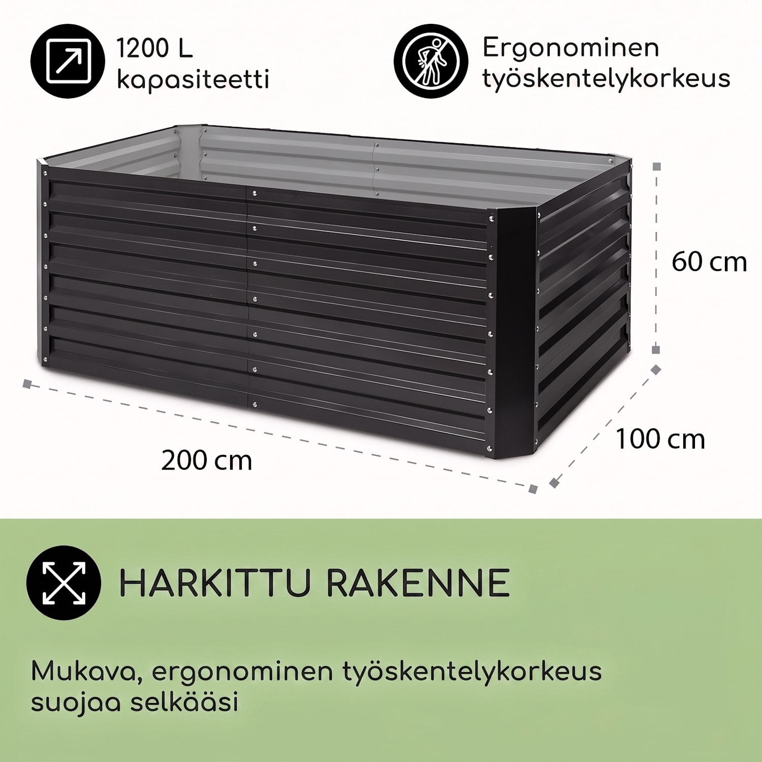 High Grow Straight korotettu kasvimaa 200x60x100 cm 1200 l teräs 200 x 100 x 60 cm | Antrasiitti