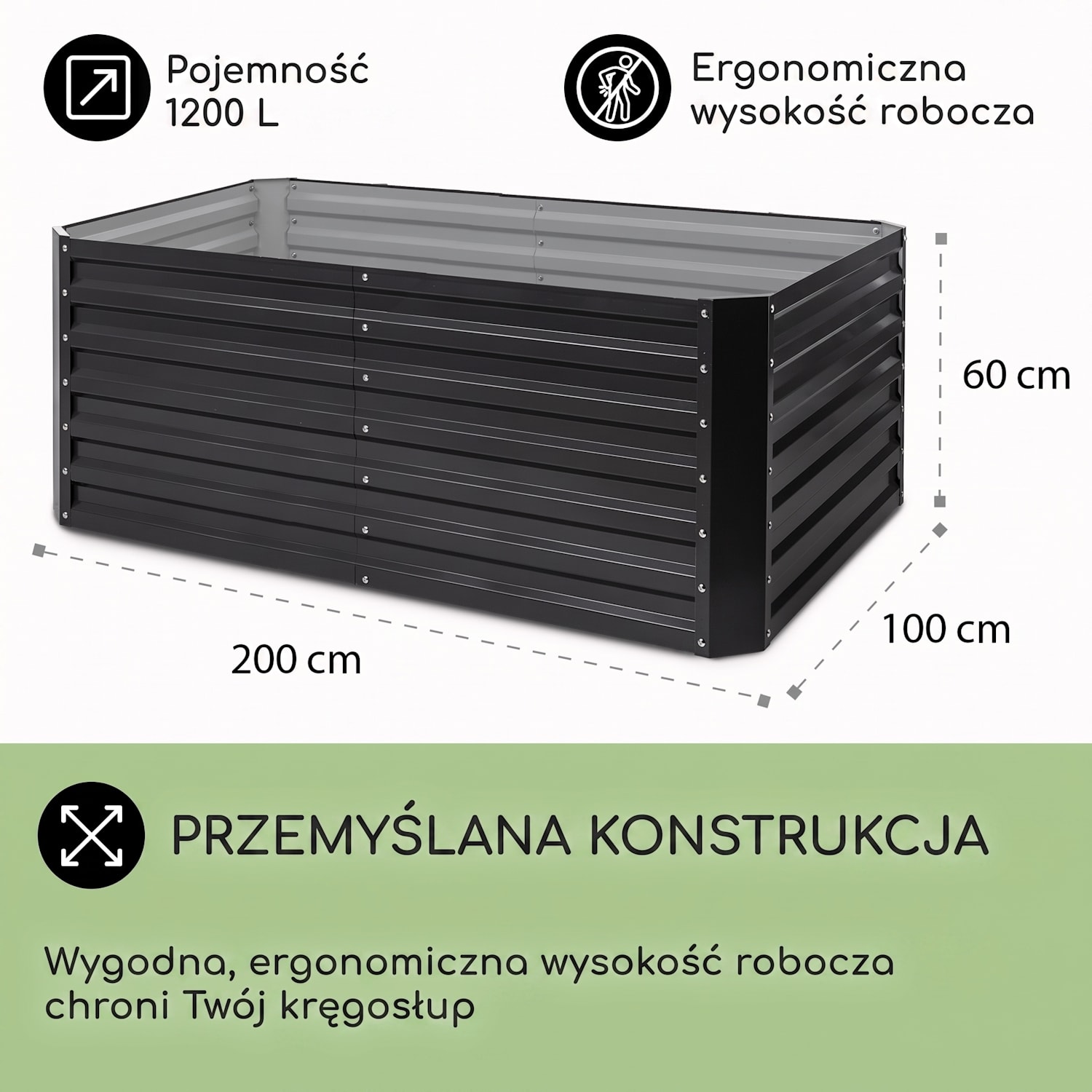 High Grow Straight, podwyższona grządka, 200 x 60 x 100 cm, 1200 l, stal 200 x 100 x 60 cm | Antracyt