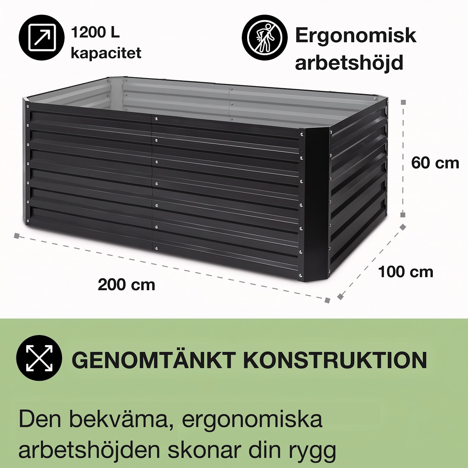 High Grow Straight upphöjd odlingsbädd 200x60x100 cm 1200 l stål 200 x 100 x 60 cm | Antracit