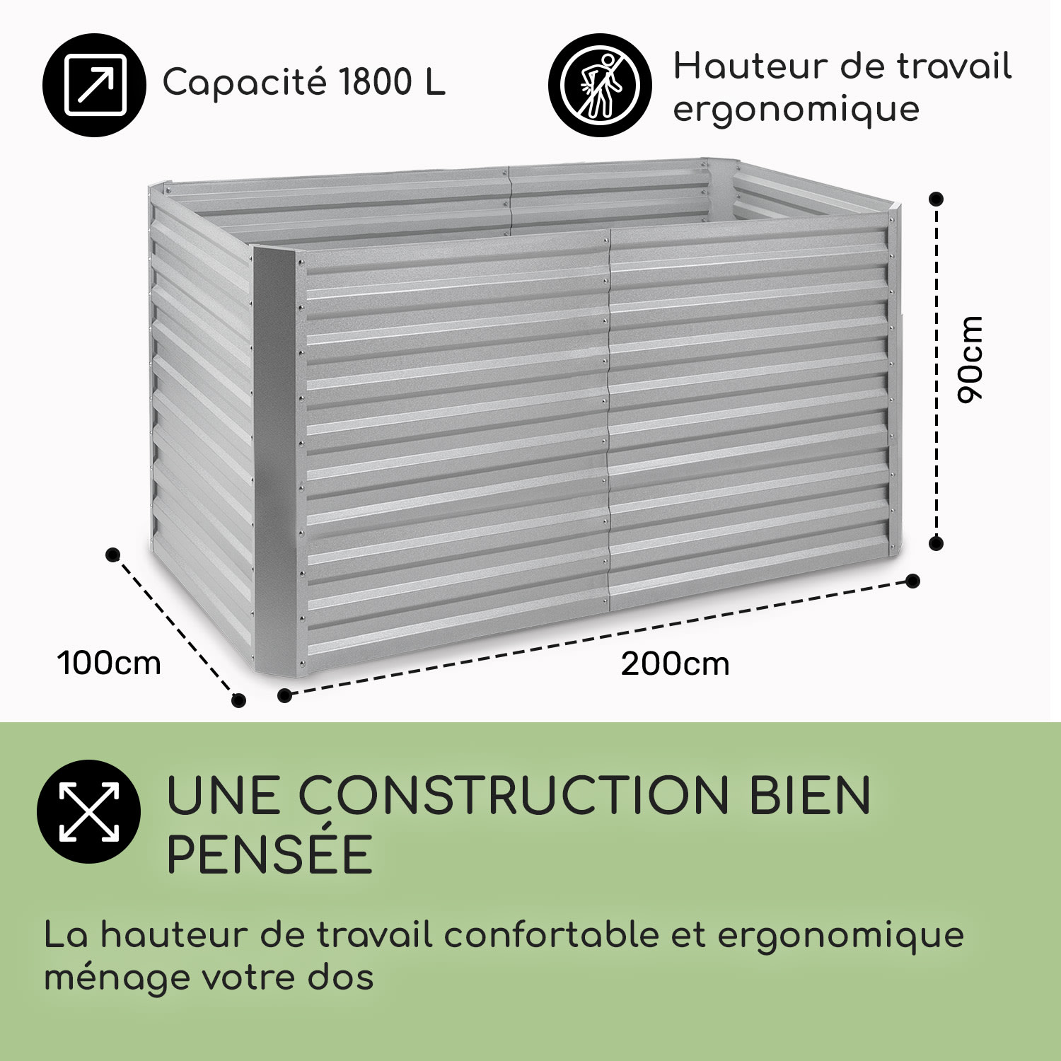 Blum High Grow Straight verhoogde kweekbak 200x90x100cm 1800l staal 200 x 100 x 90 cm | Zilver