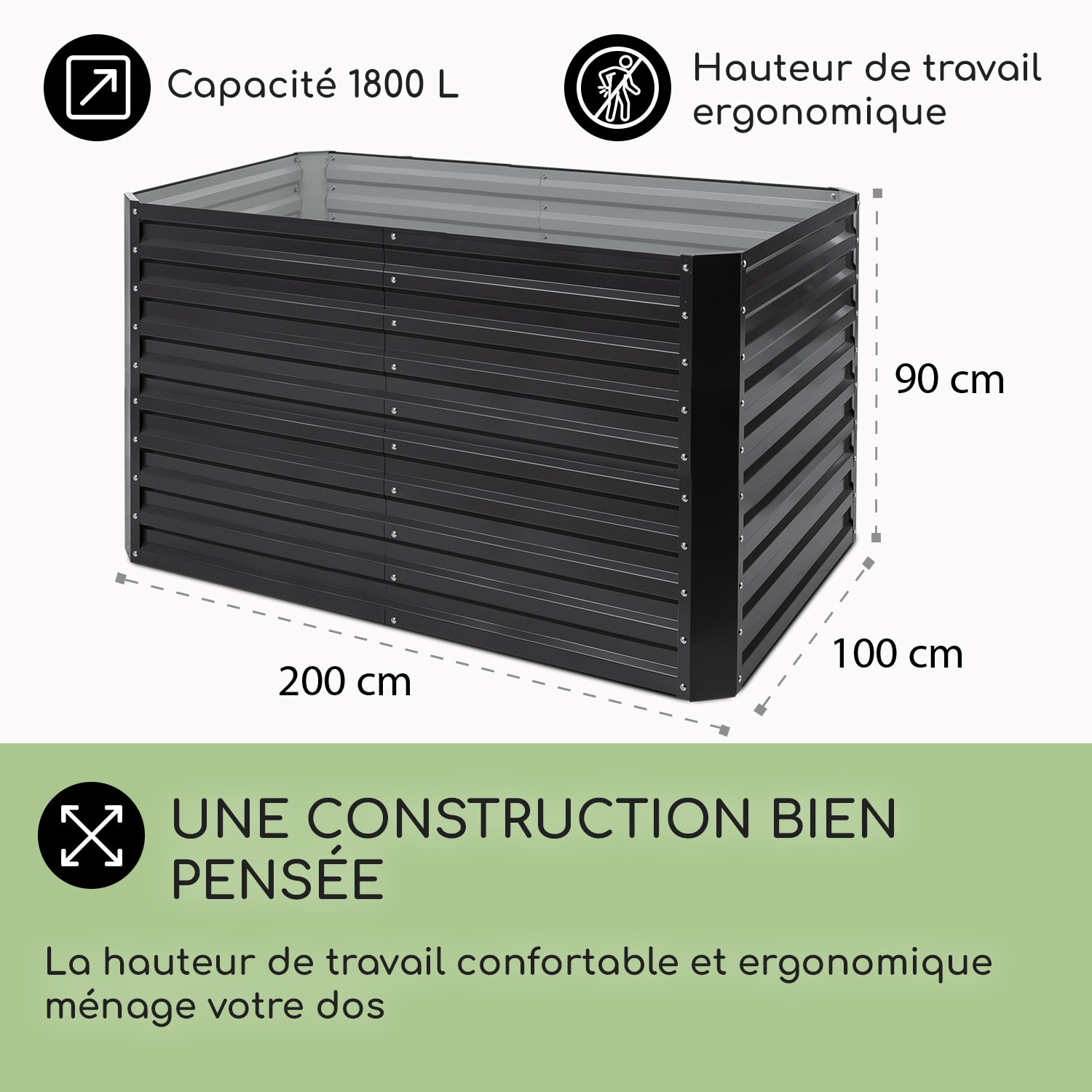 Blum High Grow Straight potager surélevé 200x90x100cm 1800 l acier 200 x 100 x 90 cm | Anthracite