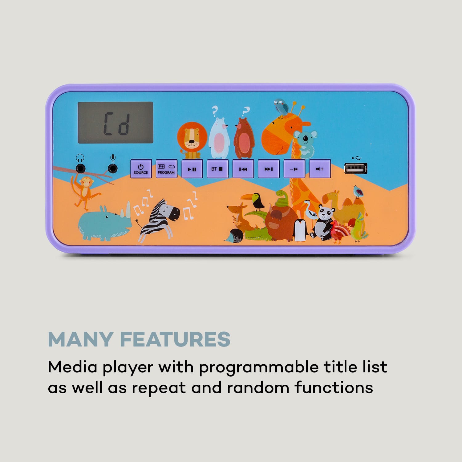 Kidsbox ZOO, CD boombox, CD lejátszó, BT, USB, LC kijelző, állatok, lila