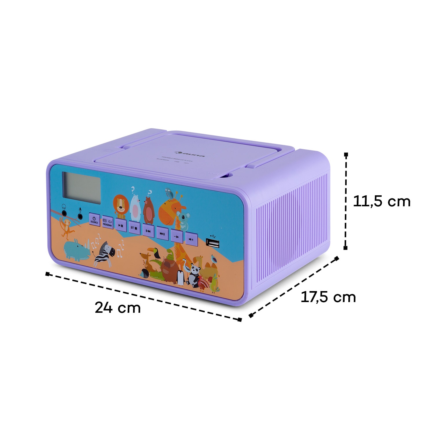 Kidsbox ZOO, CD boombox, CD lejátszó, BT, USB, LC kijelző, állatok, lila