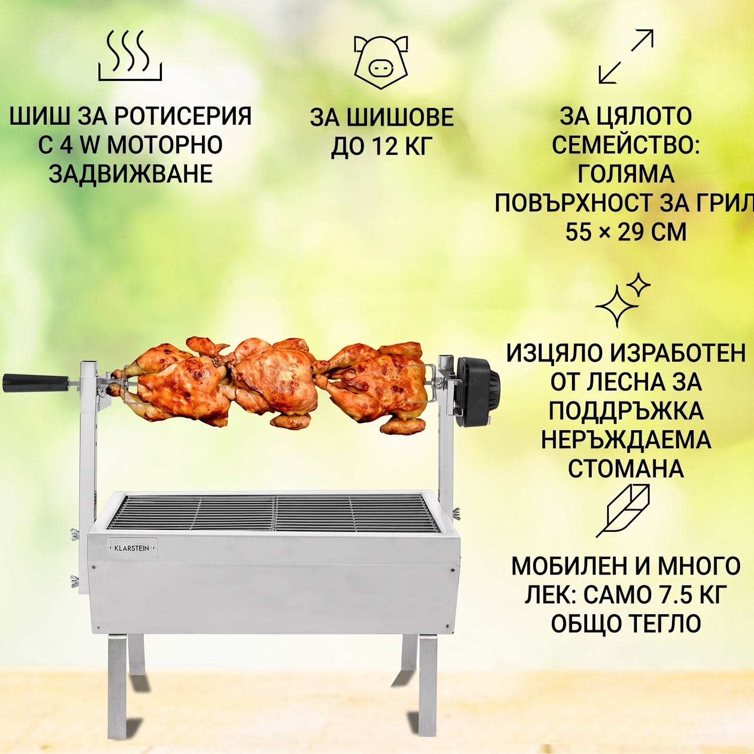 Sauenland Mini, ротационен грил със шиш, въртящ се шиш, 4 W, макс. 12 кг, неръждаема стомана 