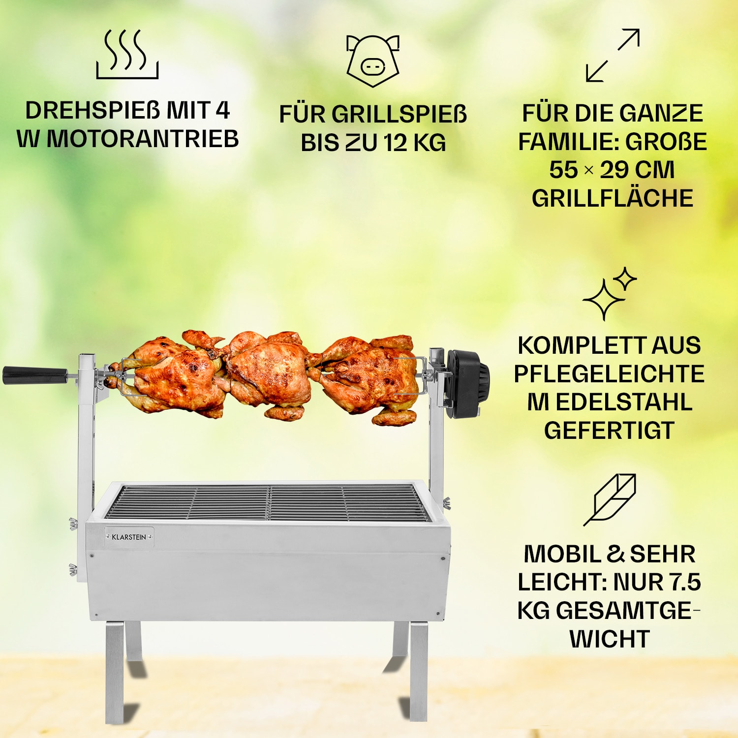 Sauenland Mini Rotisserie-Grill Drehspieß 4W 12kg max. Edelstahl 
