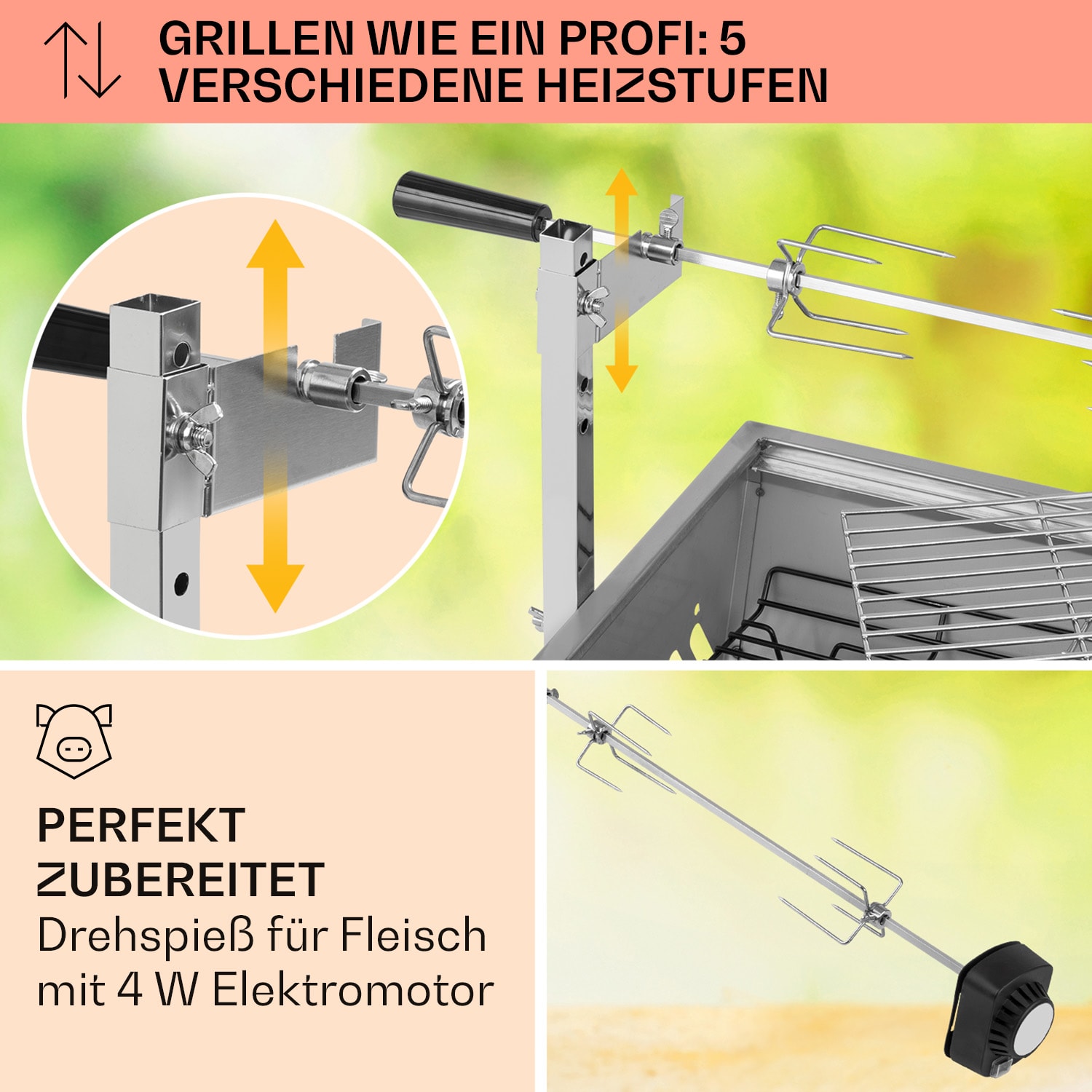 Sauenland Mini Rotisserie-Grill Drehspieß 4W 12kg max. Edelstahl 