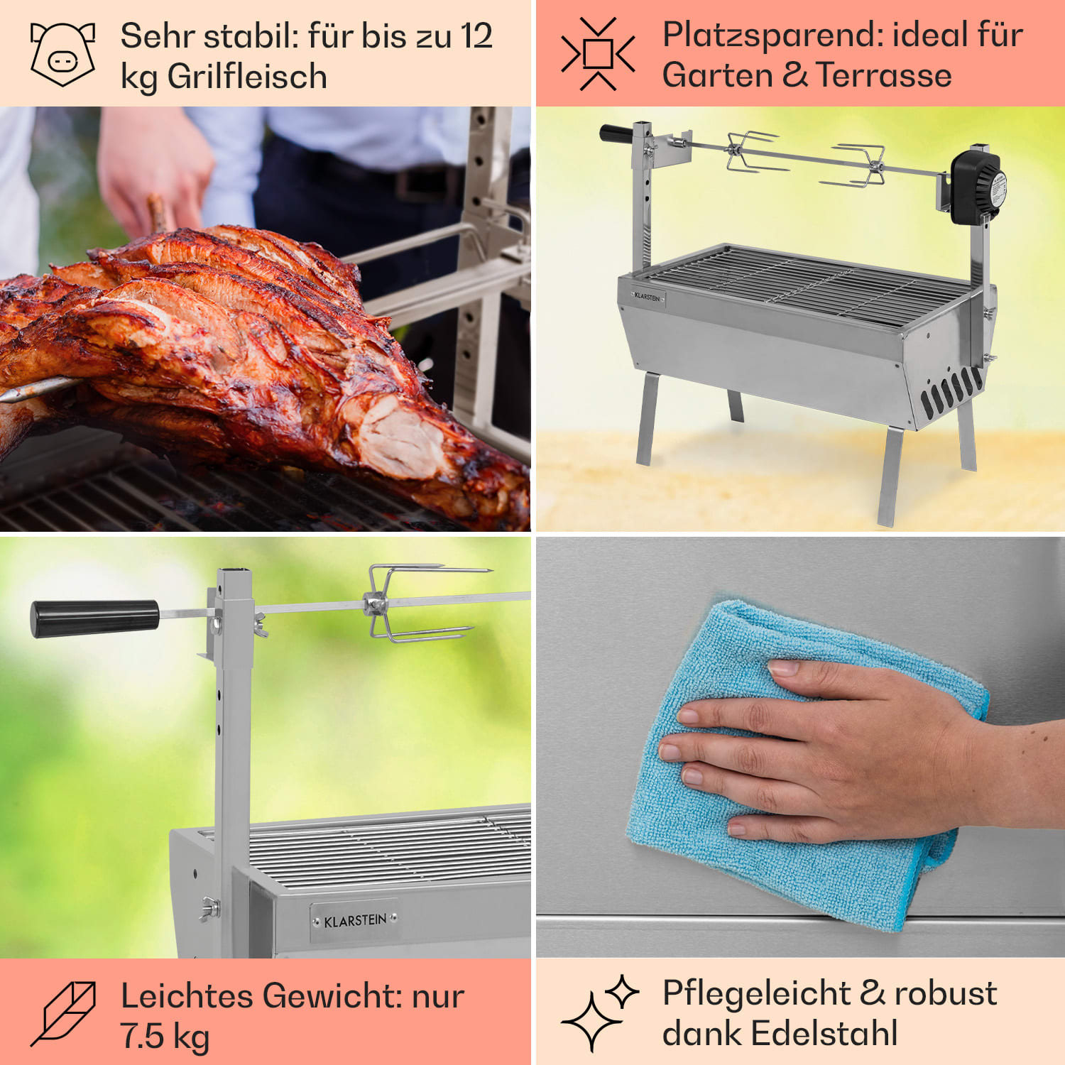 Sauenland Mini Rotisserie-Grill Drehspieß 4W 12kg max. Edelstahl 