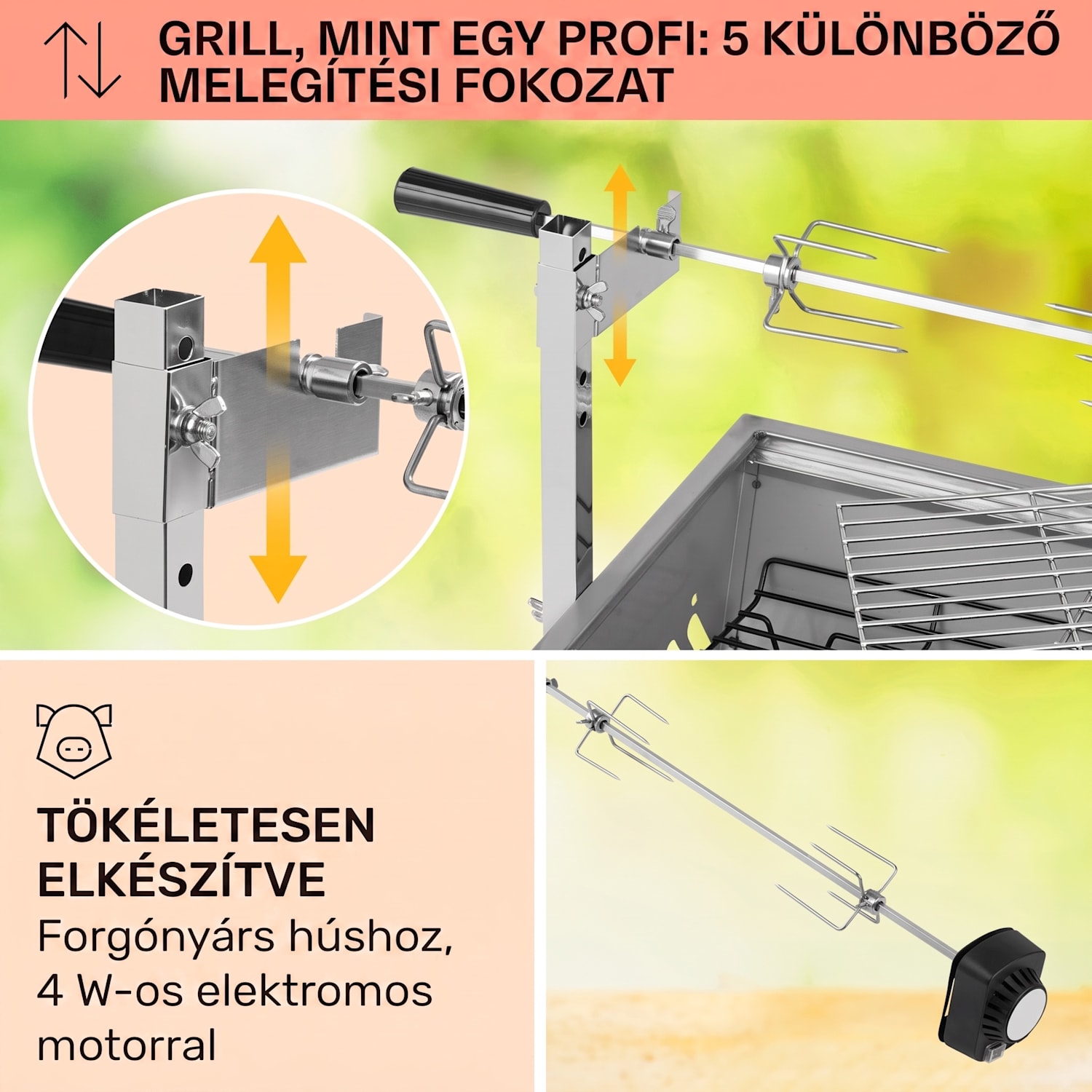 Sauenland Mini, forgó grill nyárssal, forgó nyárs, 4 W, 12 kg max., rozsdamentes acél 
