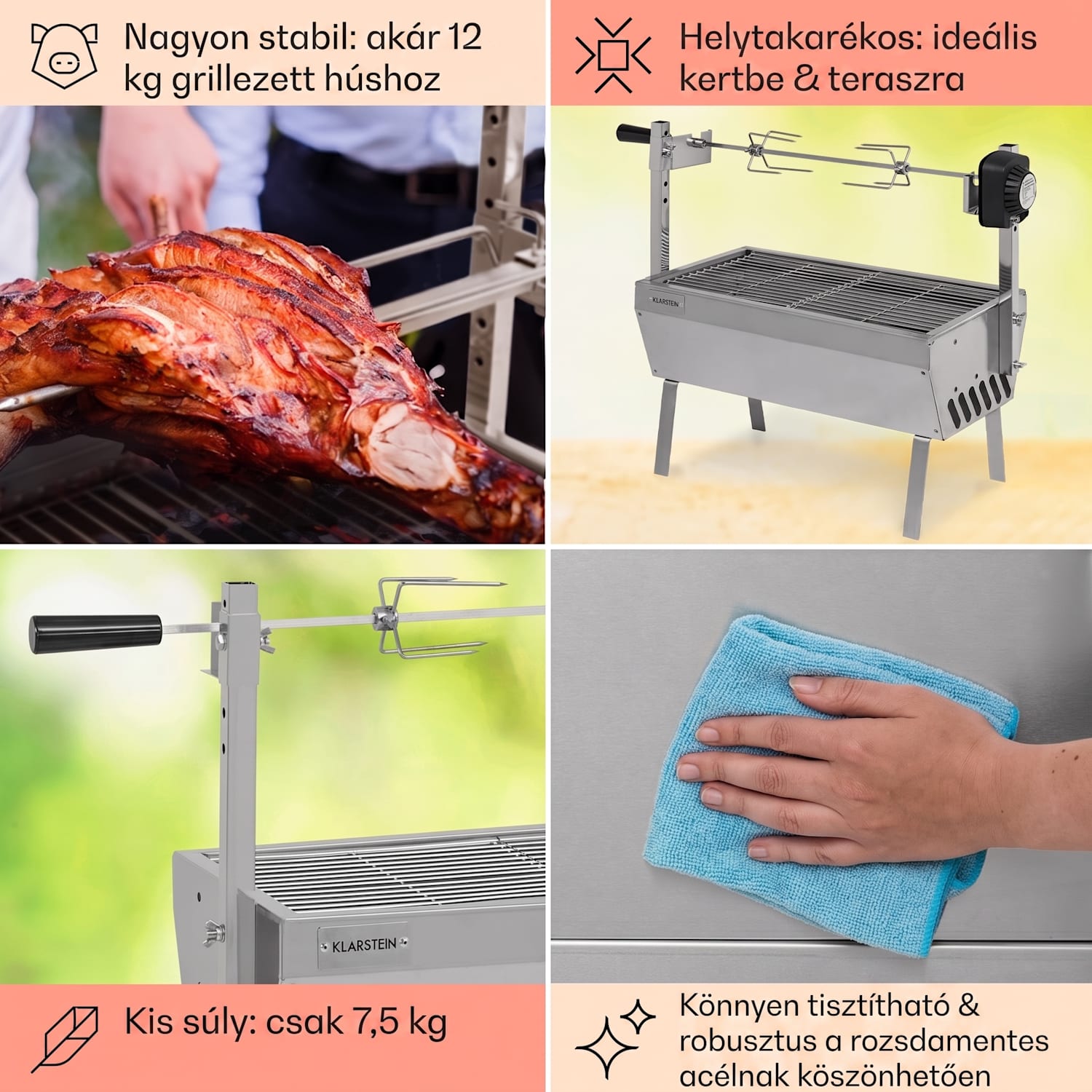 Sauenland Mini, forgó grill nyárssal, forgó nyárs, 4 W, 12 kg max., rozsdamentes acél 