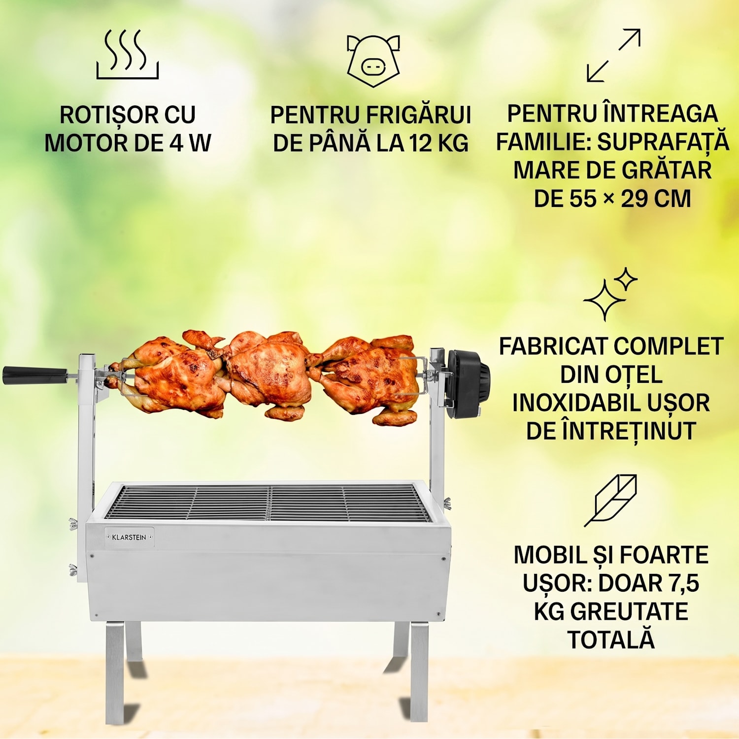 Sauenland Mini, grătar cu rotisor, 4 W, 12 kg max., otel inoxidabil 