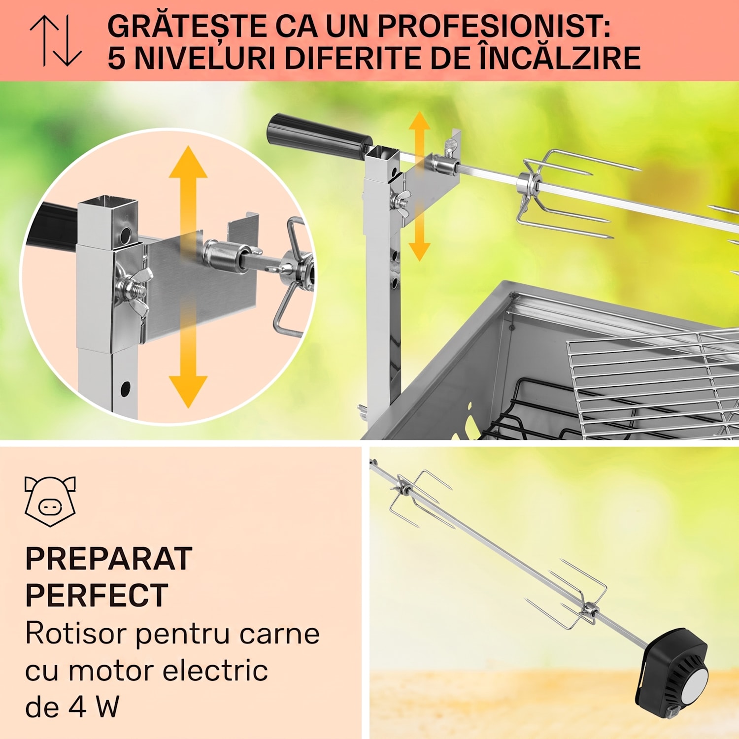 Sauenland Mini, grătar cu rotisor, 4 W, 12 kg max., otel inoxidabil 