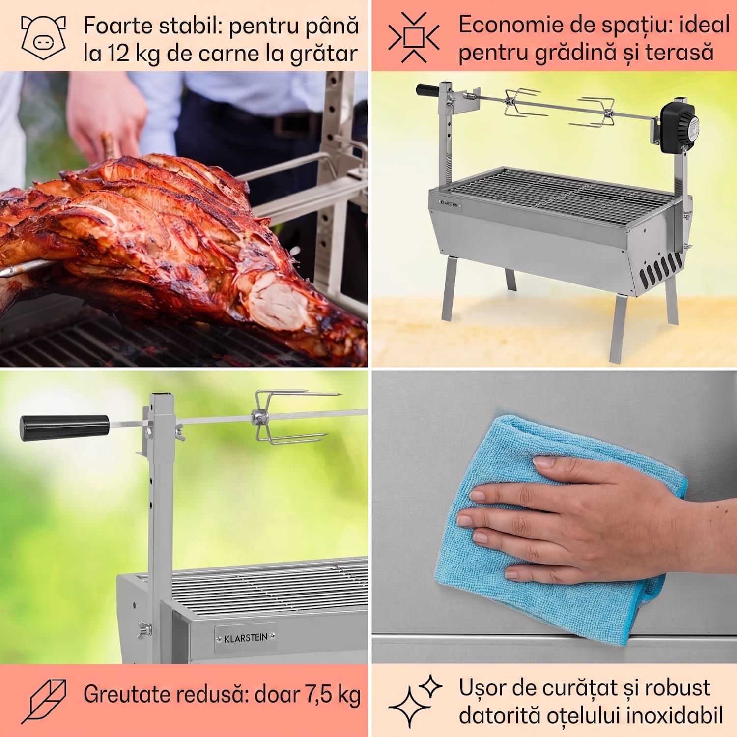 Sauenland Mini, grătar cu rotisor, 4 W, 12 kg max., otel inoxidabil 