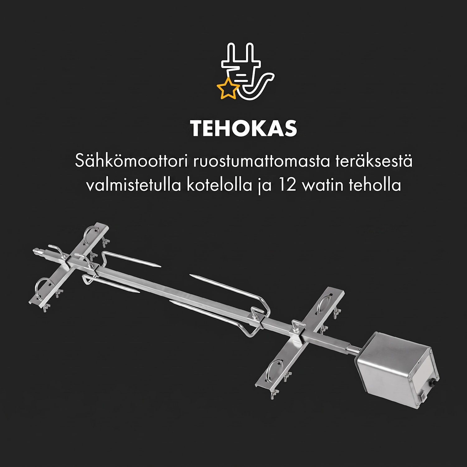 Sauenland Survivor, varrasgrilli, pyörivä varras, 12 W, max. 70 kg, ruostumatonta terästä 