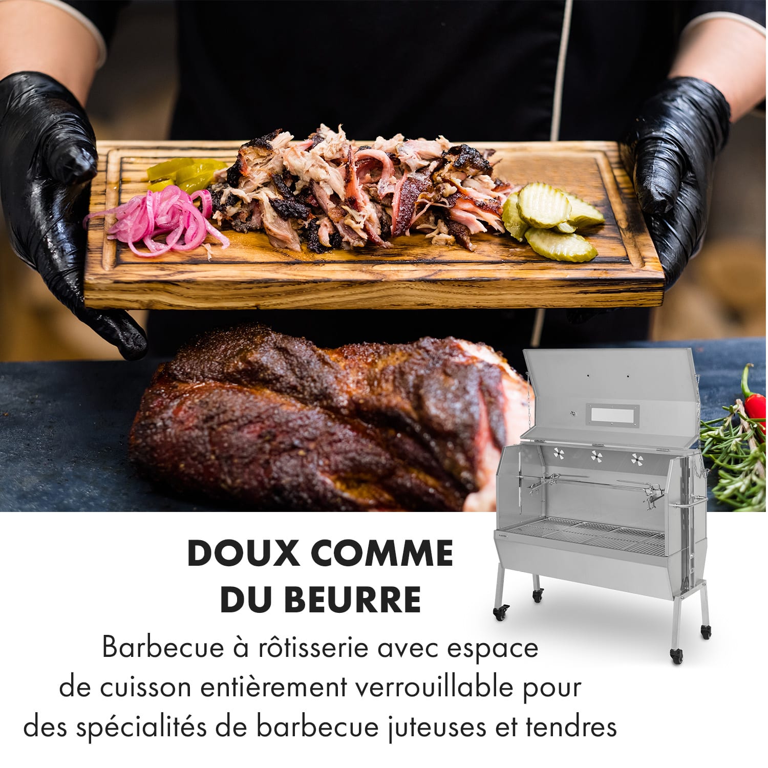 Sauenland Pro XL barbecue à cochon de lait rôtissoire 15 W 4 roulettes inox 