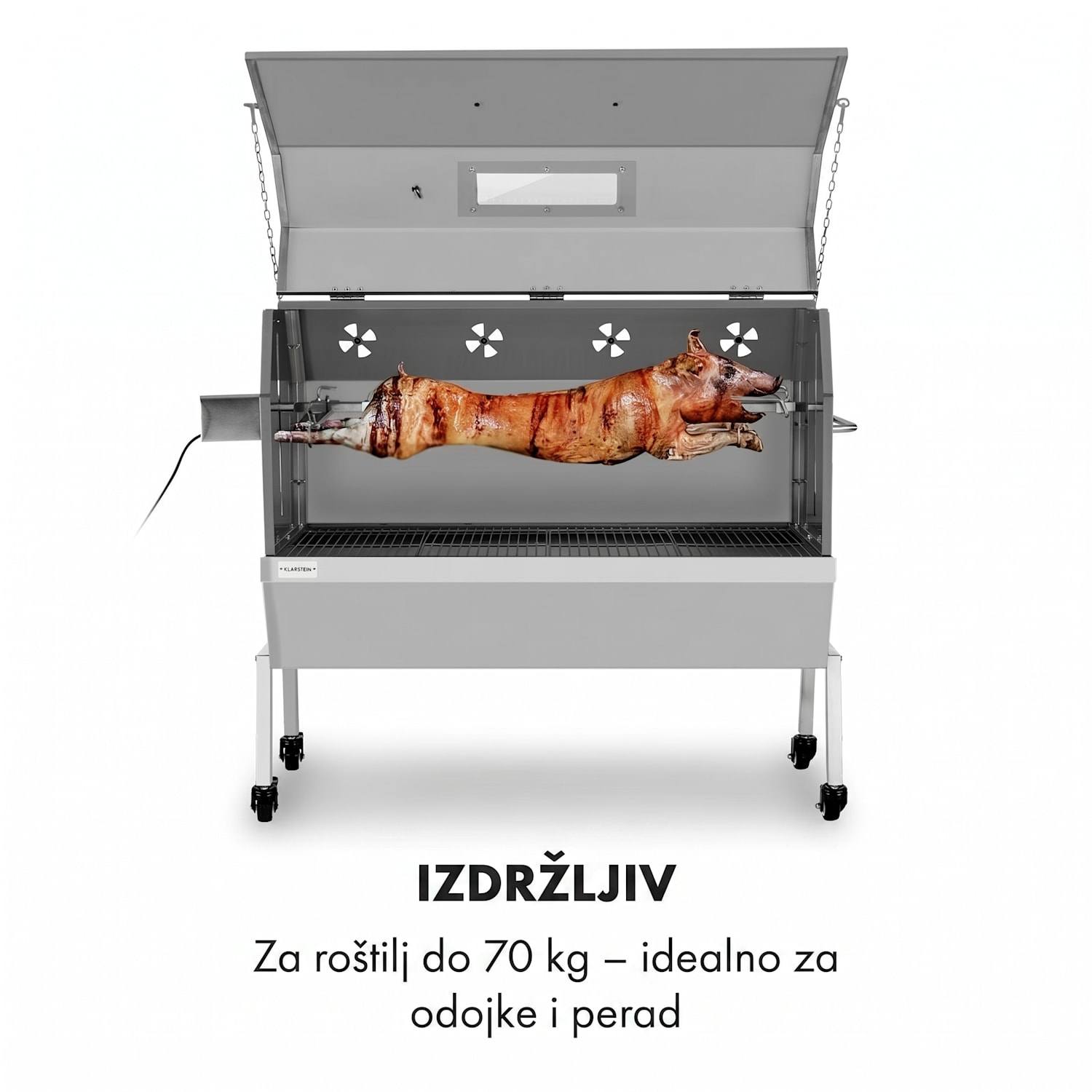 Sauenland Pro XL, roštilj za prasce, rotirajući ražanj, 13 W, 4 kotača, nehrđajući čelik 