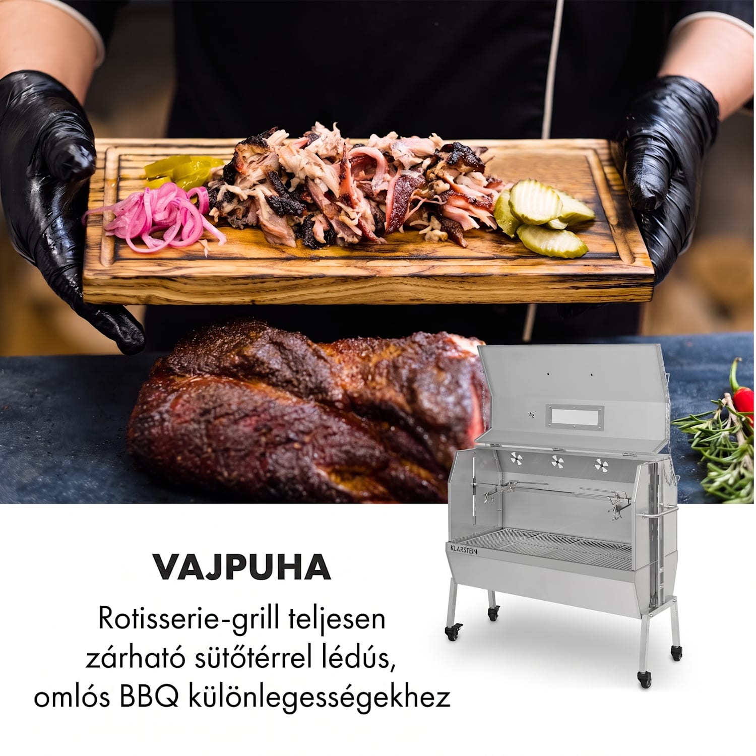 Sauenland Pro XL, malacsütő grill, forgó nyárs, 13 W, 4 kerék, rozsdamentes acél 