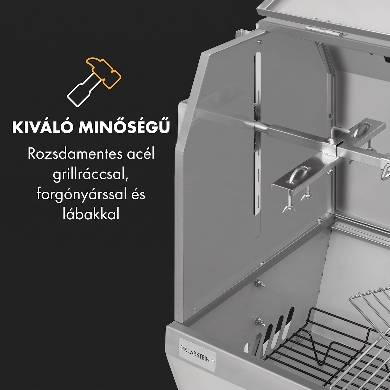 Sauenland Pro XL, malacsütő grill, forgó nyárs, 13 W, 4 kerék, rozsdamentes acél 