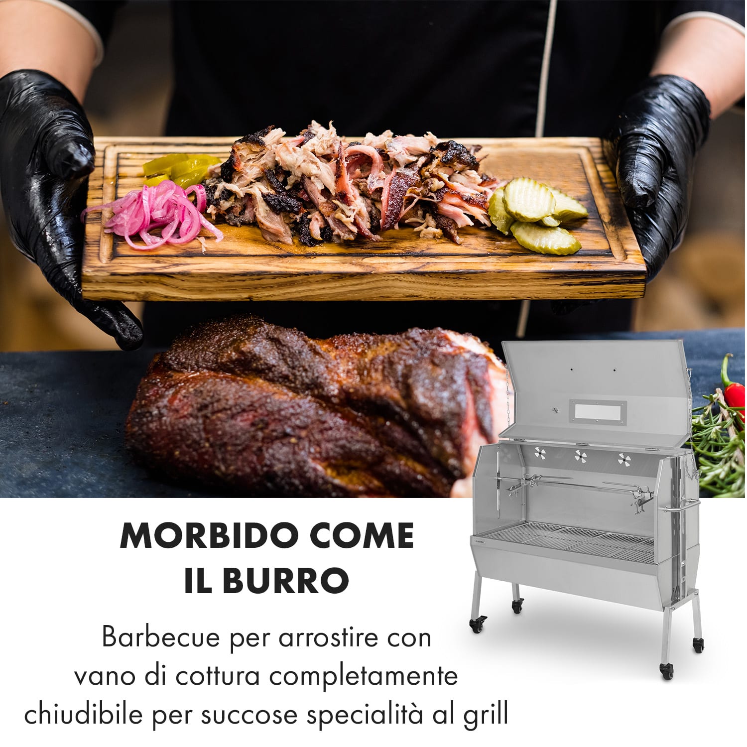 Sauenland Pro XL, Griglia per Maialino, Girarrosto, 4 Rotelle di Acciaio Inox, 15W 