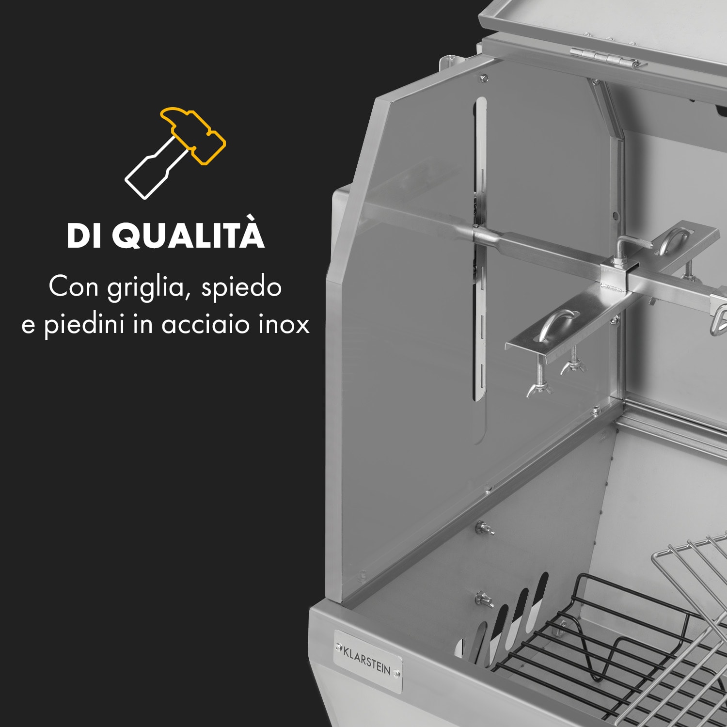 Sauenland Pro XL, Griglia per Maialino, Girarrosto, 4 Rotelle di Acciaio Inox, 15W 
