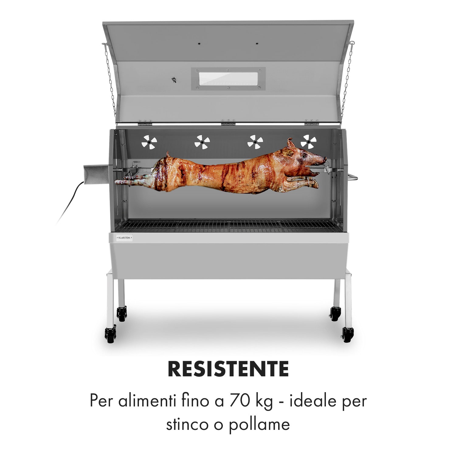 Sauenland Pro XL, Griglia per Maialino, Girarrosto, 4 Rotelle di Acciaio Inox, 15W 
