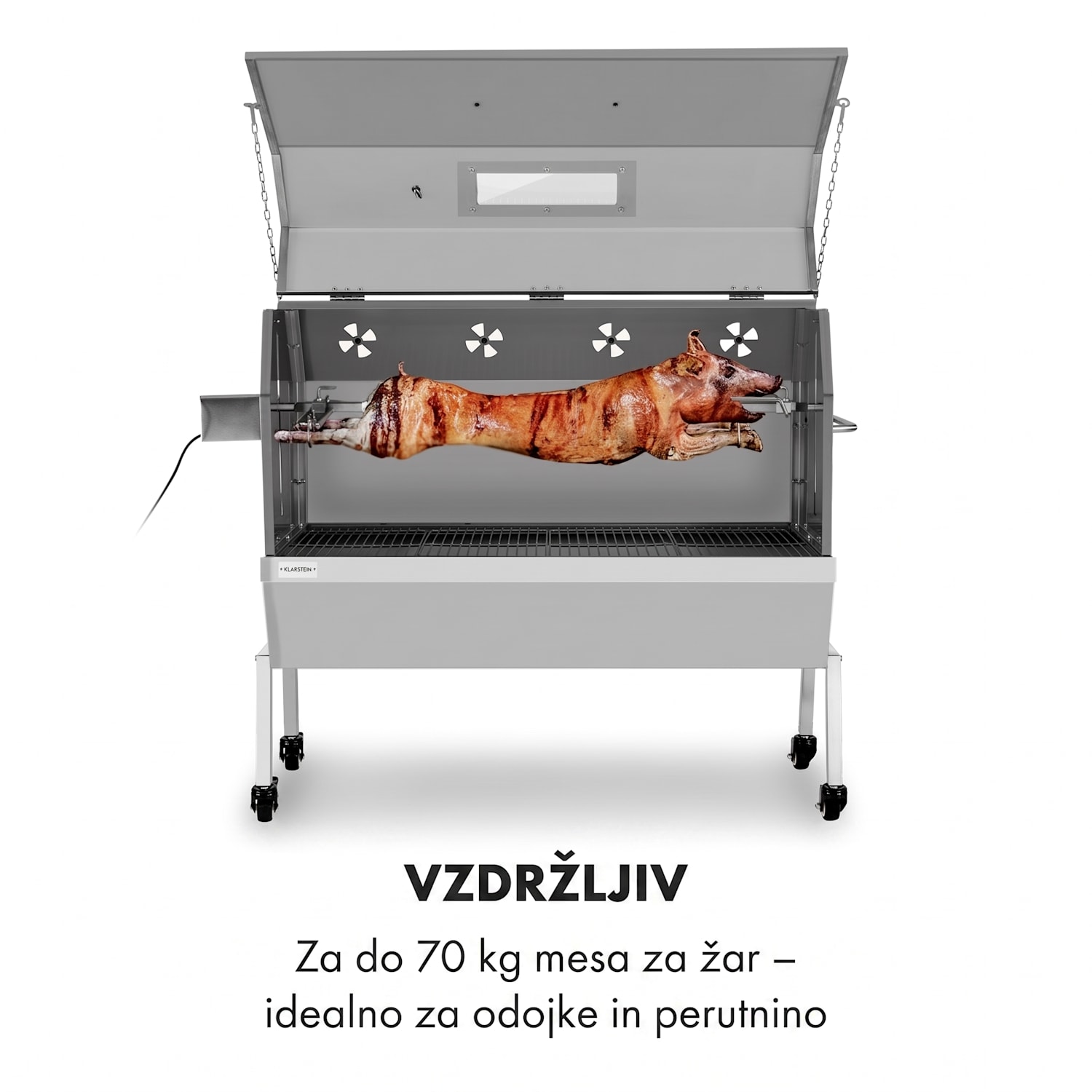 Sauenland Pro XL, žar za odojkje, vrtljiva raženj, 13 W, 4 koleščka, nerjaveče jeklo 