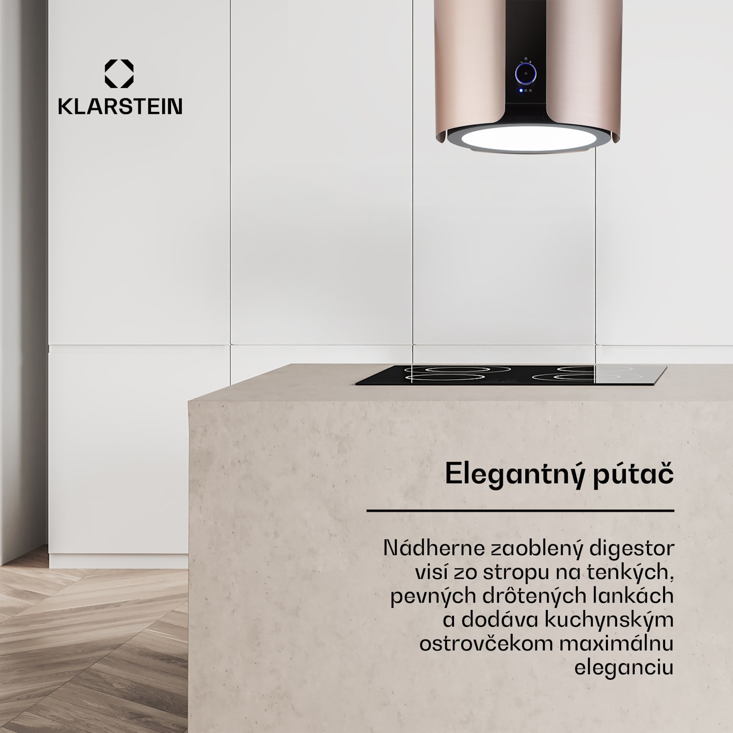 Skyfall, digestor, 45 cm, ostrovčekový, 402 m³/h, LED, nehrdzavejúca oceľ, zlatý Niklová metalíza