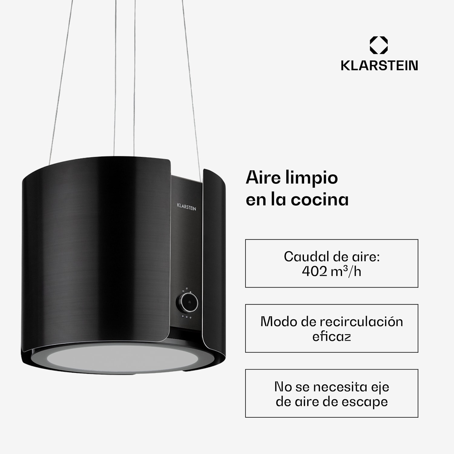 Skyfall Campana de isla Ø45cm Recirculación de aire 402m³/h Led Negro Metalizado