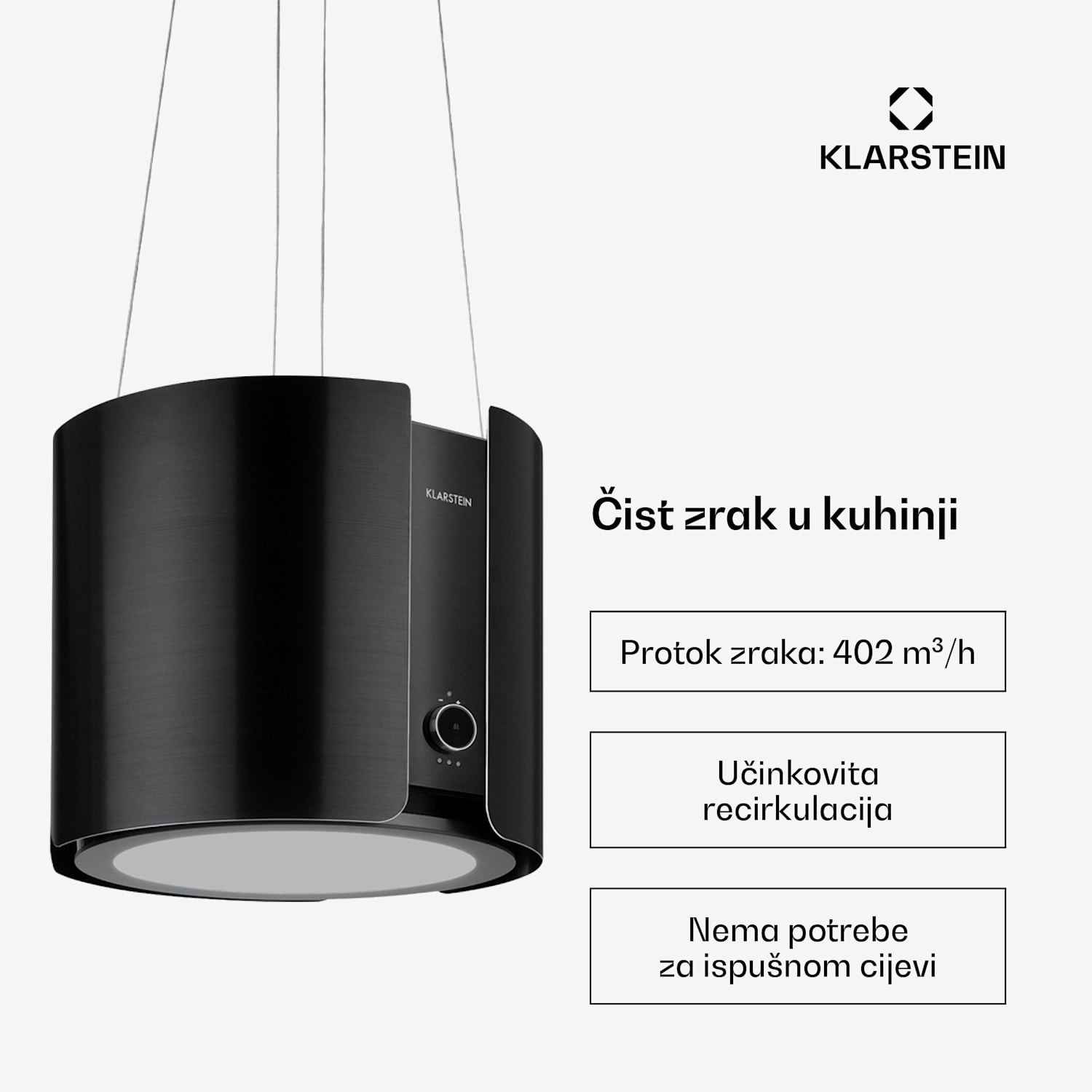 Skyfall, otočna napa, Ø 45 cm, recirkulacija, 402 m³ / h, LED, crna Crna metalik