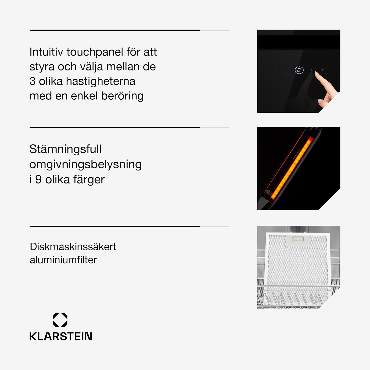 Eleonora 90 Köksfläkt 420 m³/h touch-panel bakgrundsbelysning EK A++ 