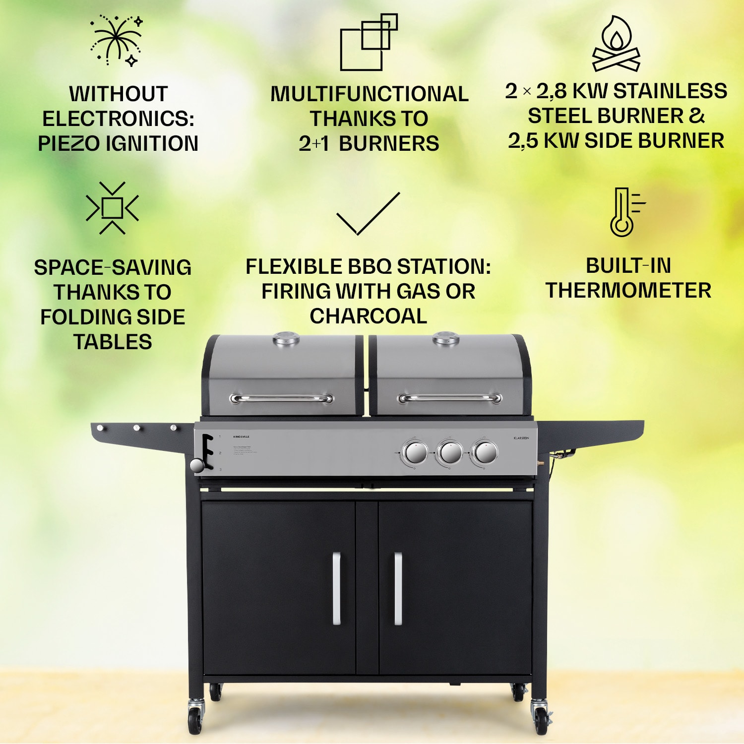 Kingsville combigrill gas + houtskool 8,1 kW 2+1 branders In hoogte verstelbaar 2 hoofdbrander + 1 zijbrander