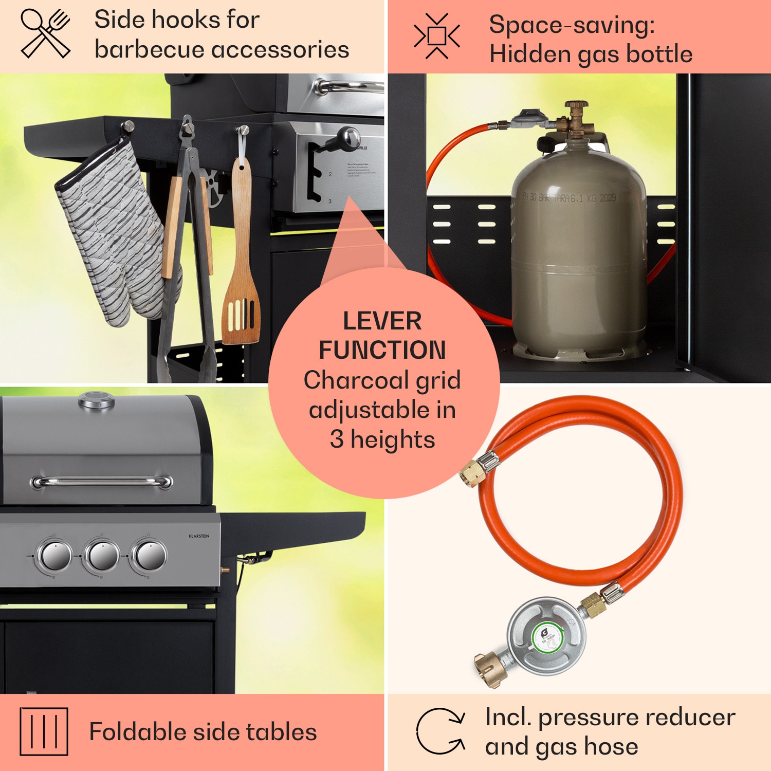 Kingsville combigrill gas + houtskool 8,1 kW 2+1 branders In hoogte verstelbaar 2 hoofdbrander + 1 zijbrander