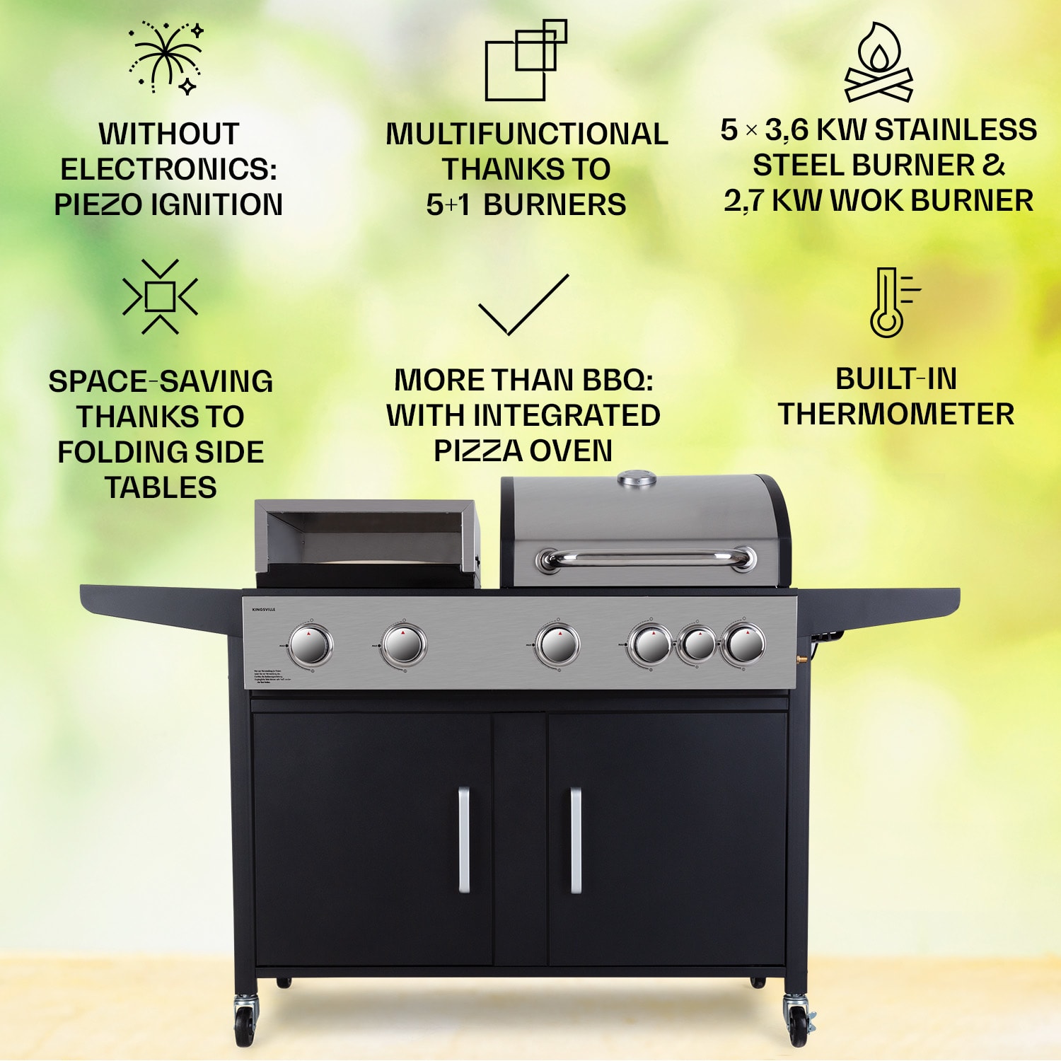 Kingsville XL, kombinirani roštilj, plin, pećnica za pizzu, 20,5 kW, plamenici 5 + 1 5 glavna plamenika + 1 bočni plamenik