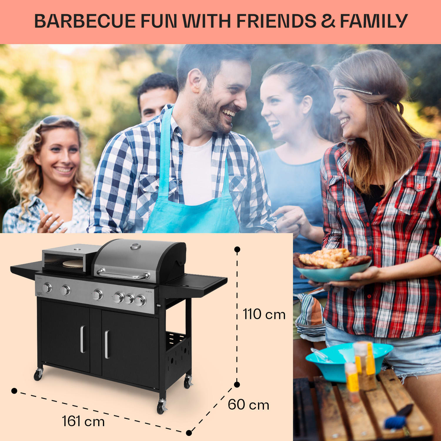 Kingsville XL, kombinirani roštilj, plin, pećnica za pizzu, 20,5 kW, plamenici 5 + 1 5 glavna plamenika + 1 bočni plamenik