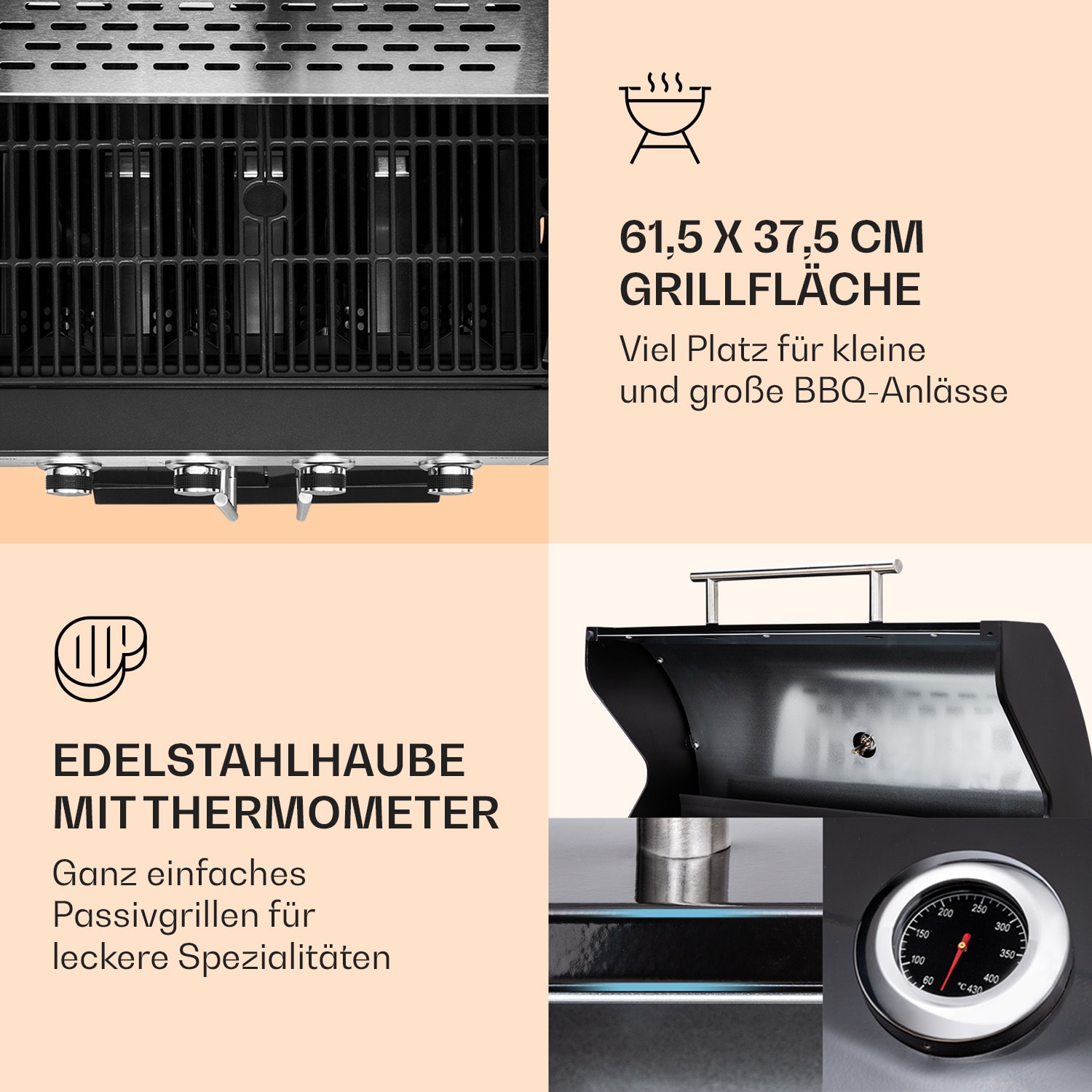 Valdosta 4.1 Gasgrill 4 x 2,8 kW + 2,5 kW Brenner Edelstahl mobil 4 Hauptbrenner + 1 Nebenbrenner