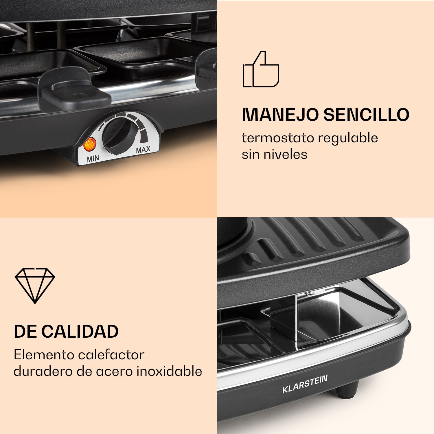 Entrecôte Parrilla raclette y fondue 2 en 1 Roca natural 1100W 8 personas Tablas Tablas de madera incluidas