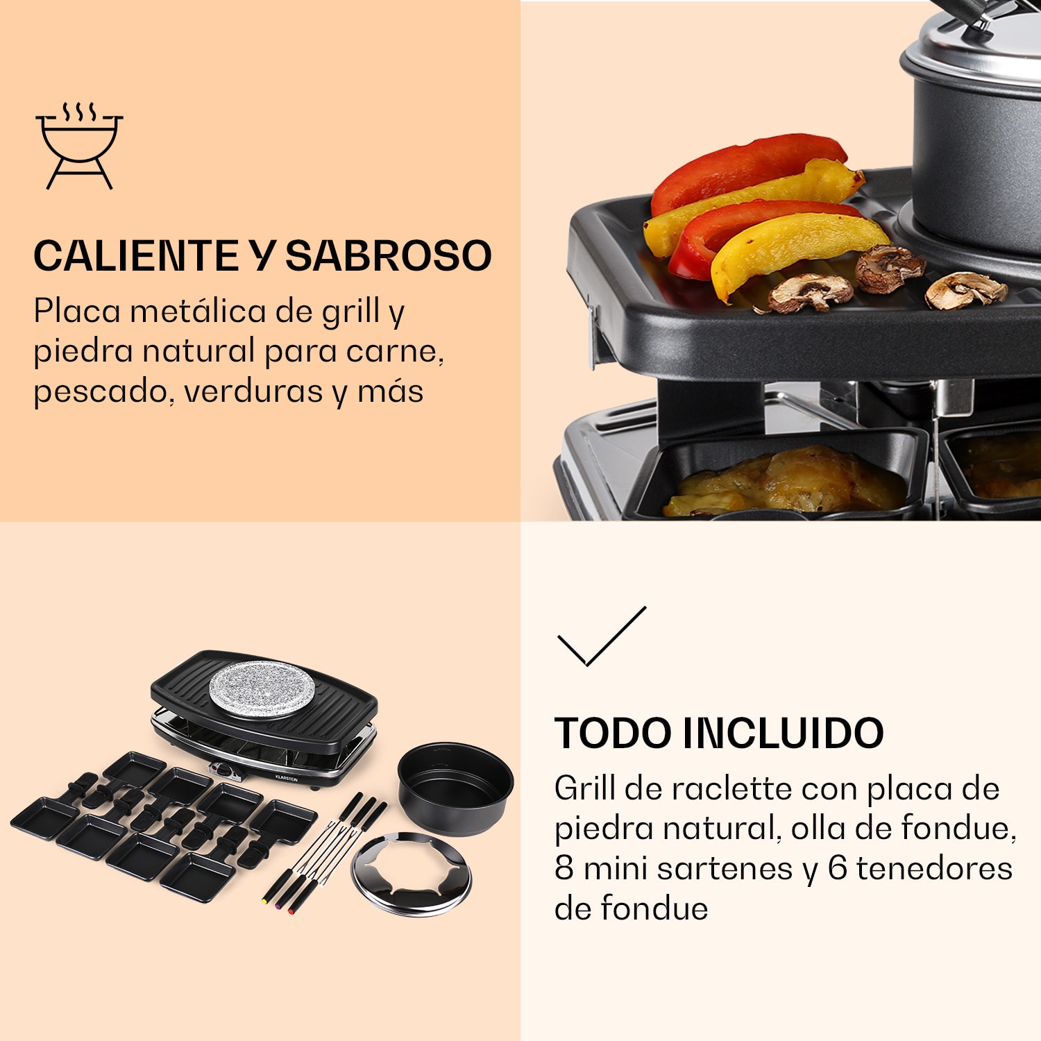 Entrecôte Parrilla raclette y fondue 2 en 1 Roca natural 1100W 8 personas Tablas Tablas de madera incluidas