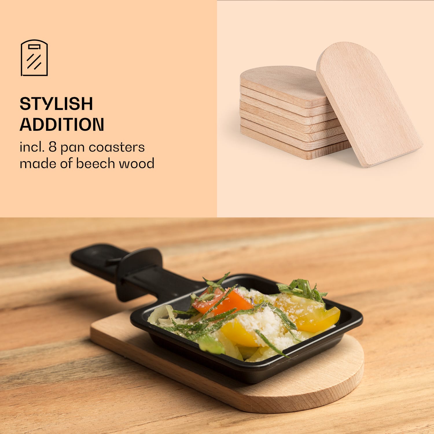 Entrecote, 2 az 1-ben raclette grill fonduevel, 1100 W, természetes kő, 8 személyre, alátétek Wooden Pan Tablets included