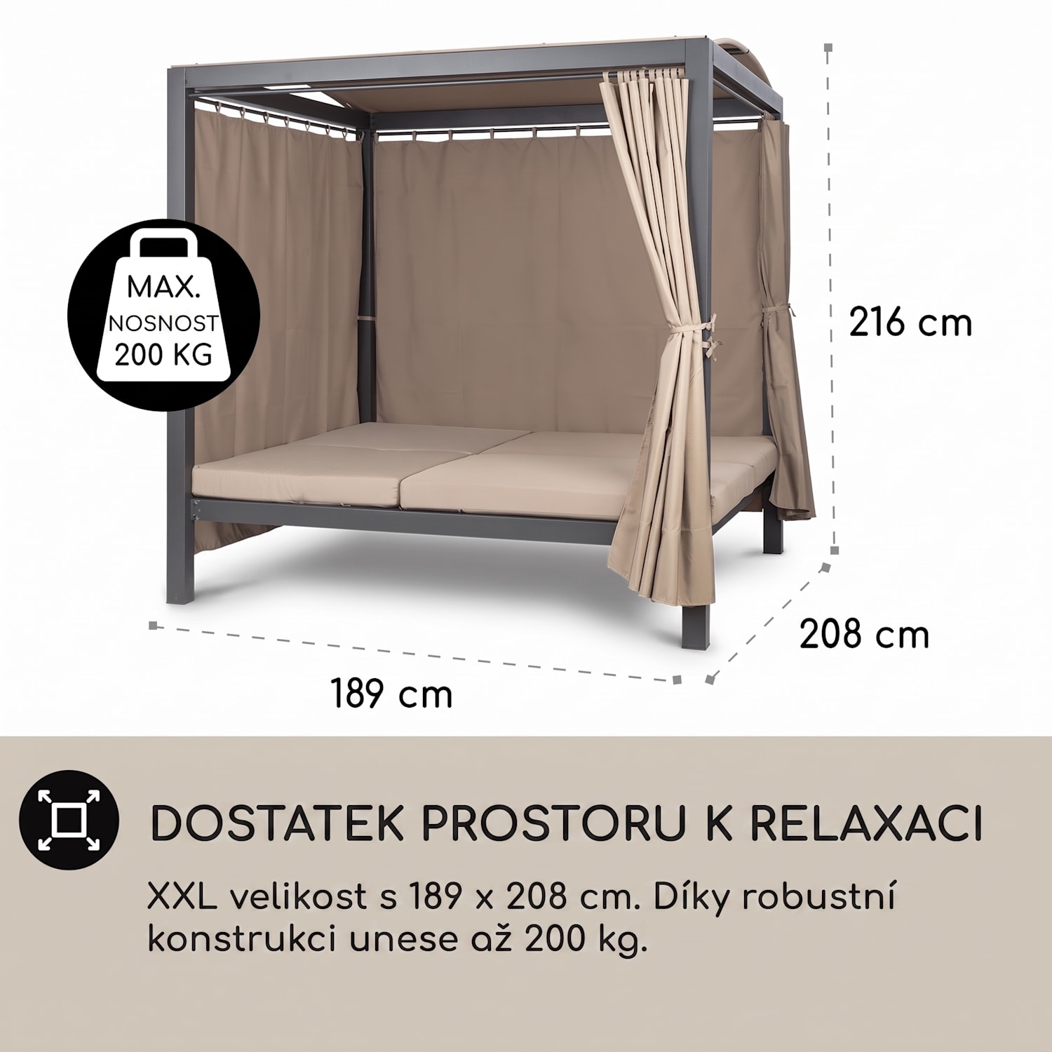 Eremitage Double XL, sluneční lehátko, 2 osoby, ocelový rám, sluneční střecha, závěsy Antracitová / světle šedá