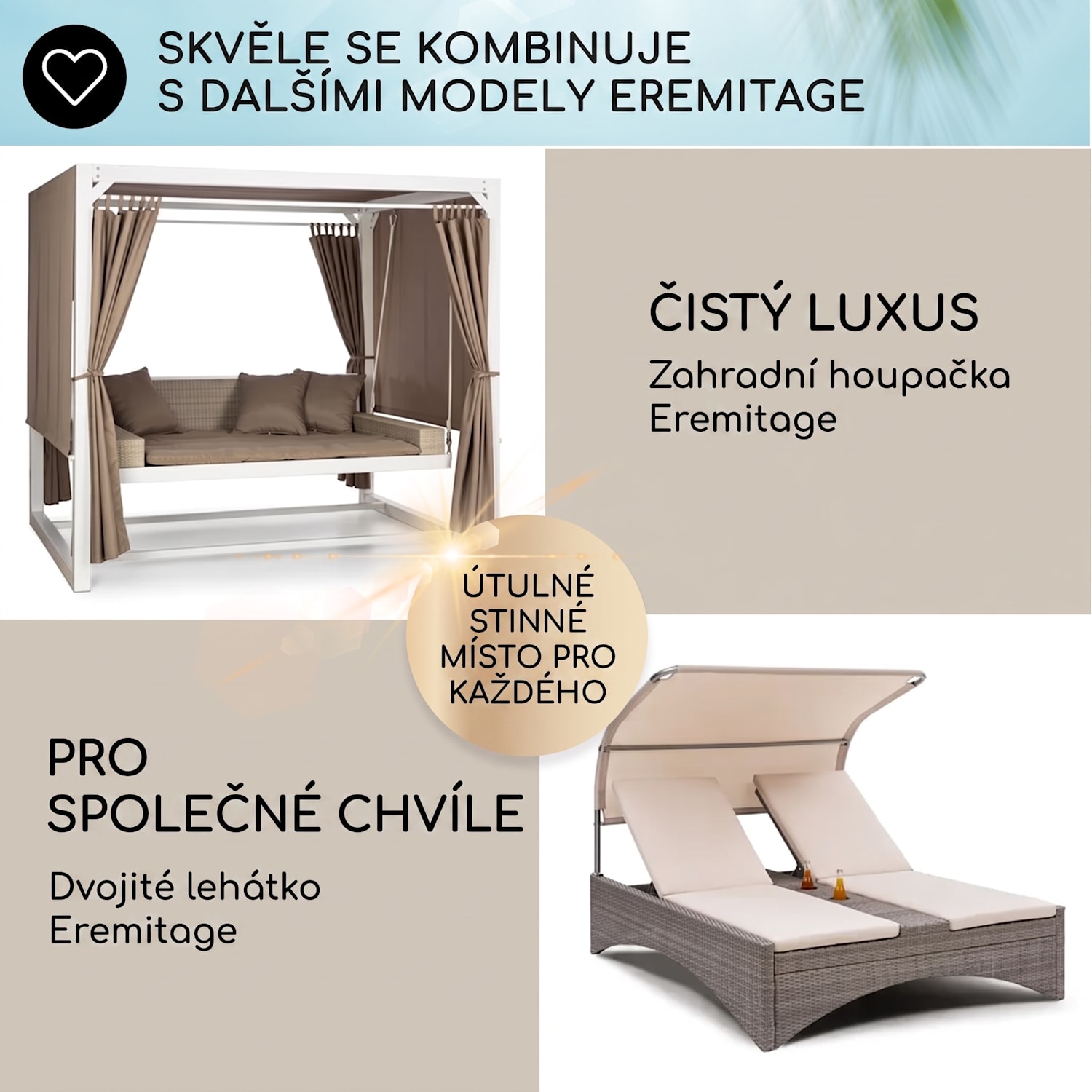 Eremitage Double XL, sluneční lehátko, 2 osoby, ocelový rám, sluneční střecha, závěsy Antracitová / světle šedá