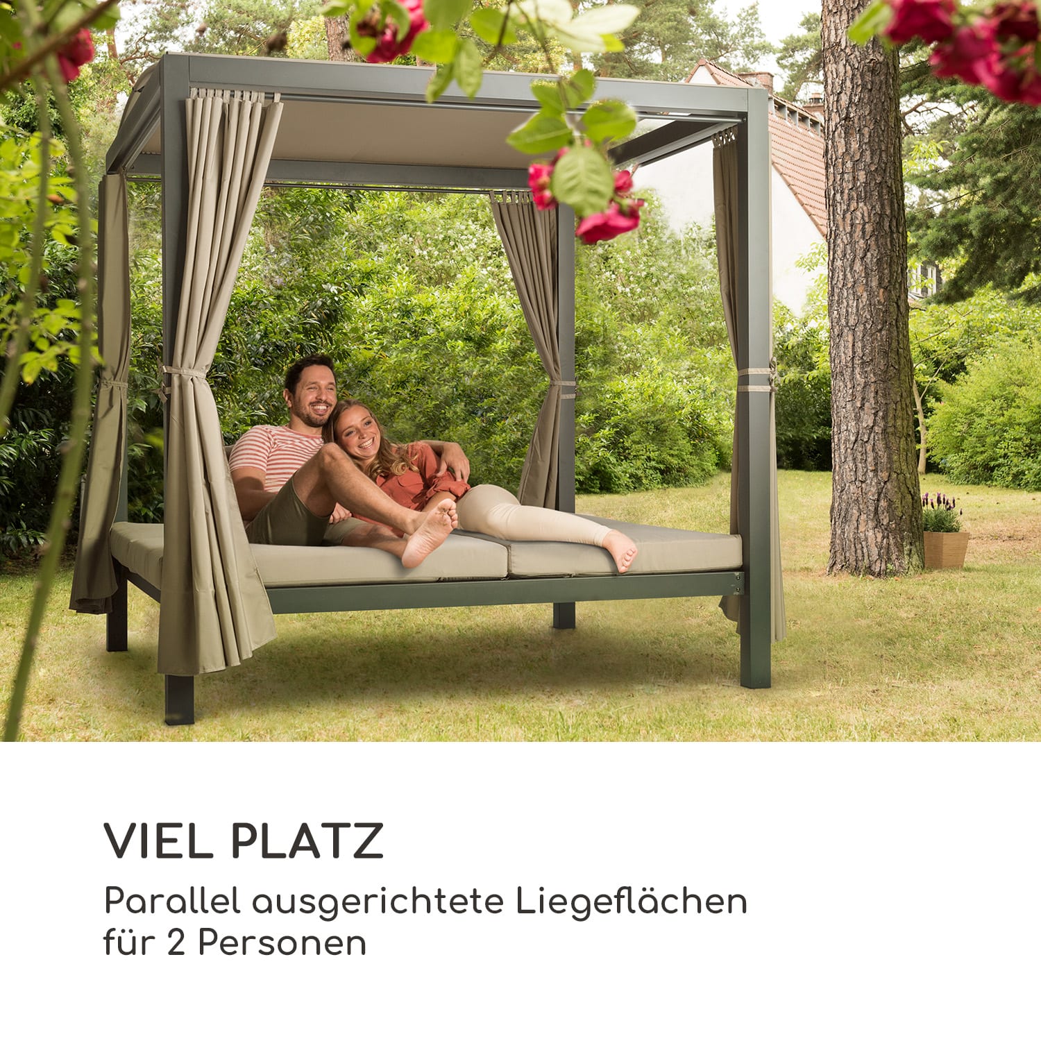 Eremitage Double XL Sunbed 2 Pers Stahl-Rahmen Sonnendach Vorhänge Anthrazit / Helles Taupe