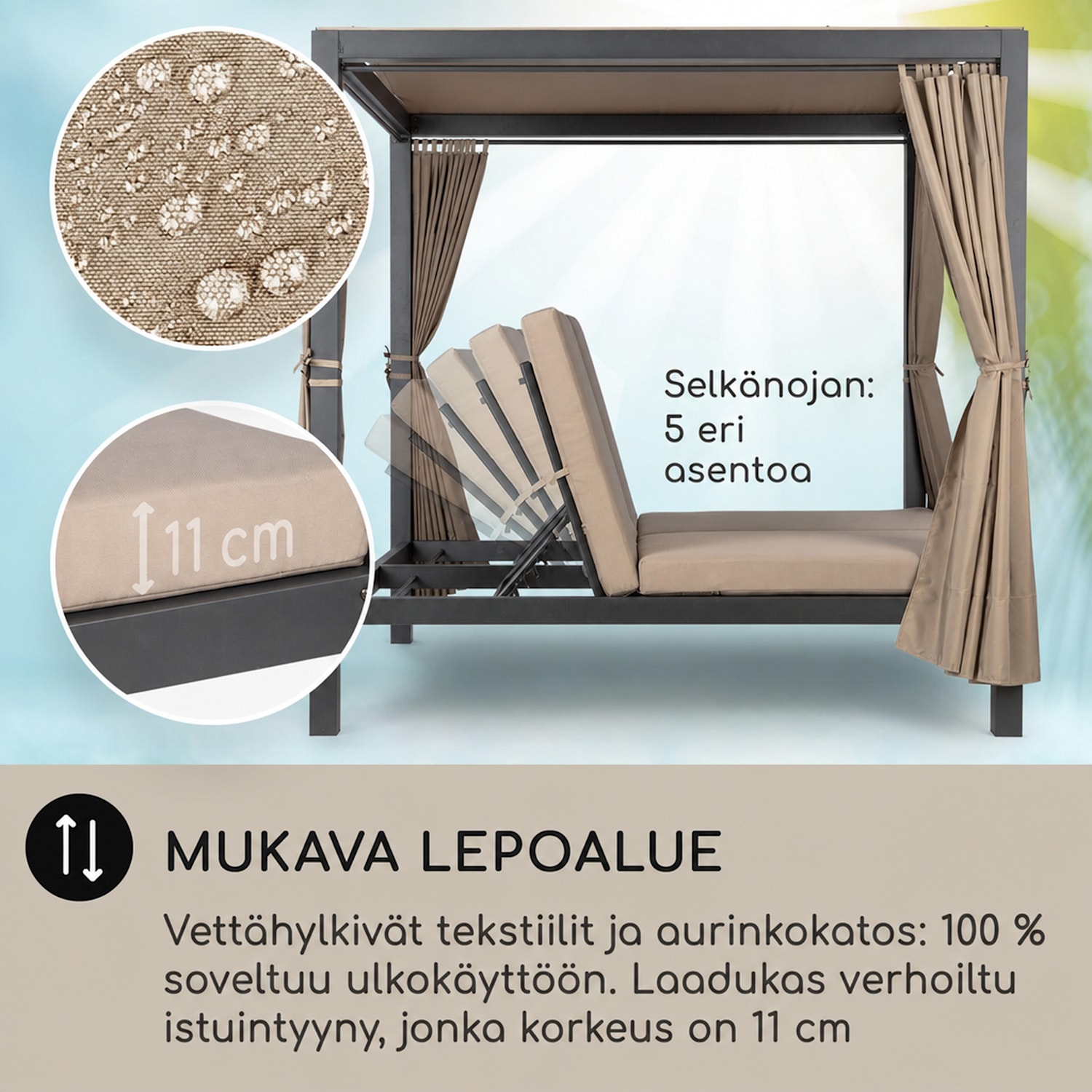 Eremitage Double XL, lepotuoli, 2 hengelle, teräsrunko, katos, verhot Antrasiitti / Vaalea Harmaanruskea