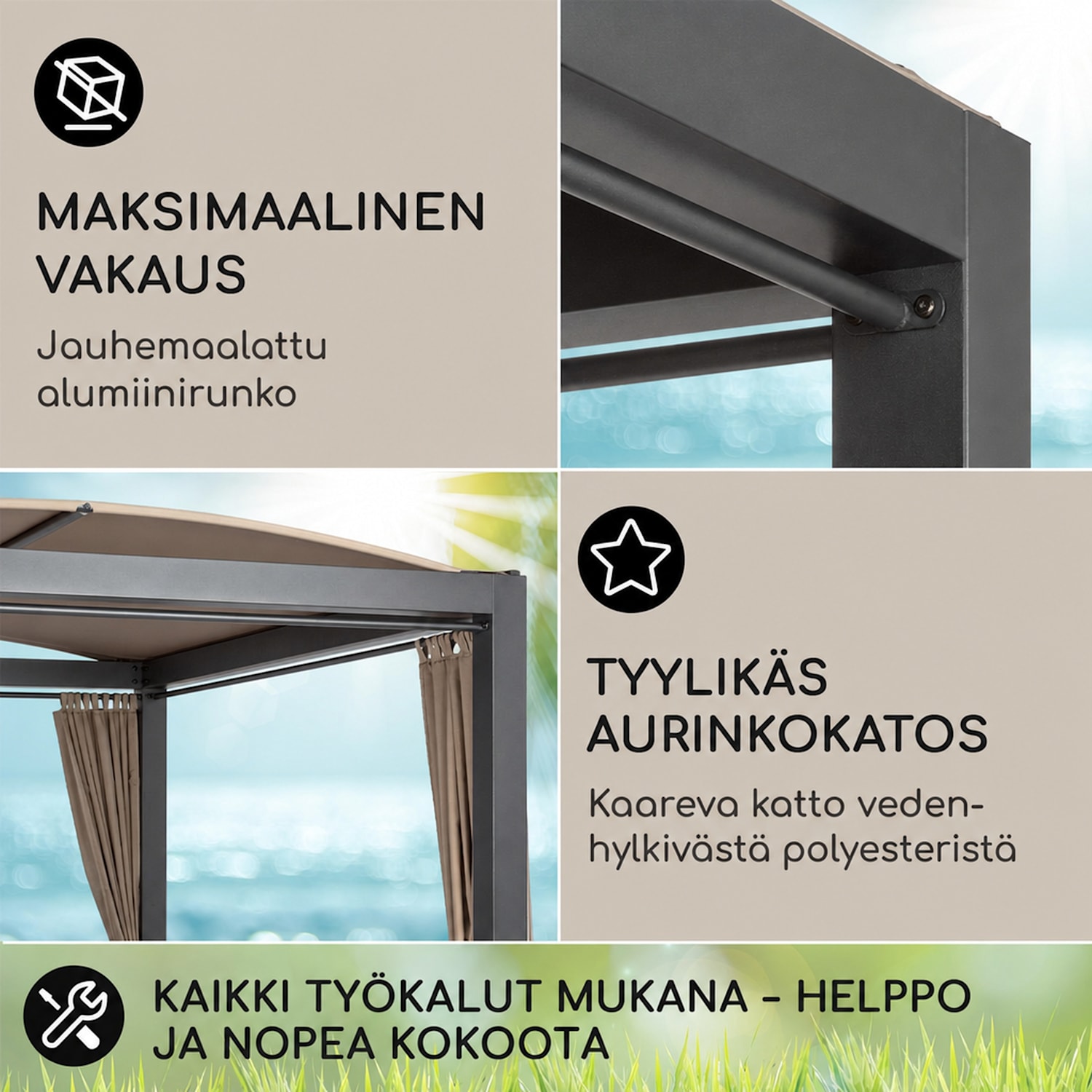Eremitage Double XL, lepotuoli, 2 hengelle, teräsrunko, katos, verhot Antrasiitti / Vaalea Harmaanruskea