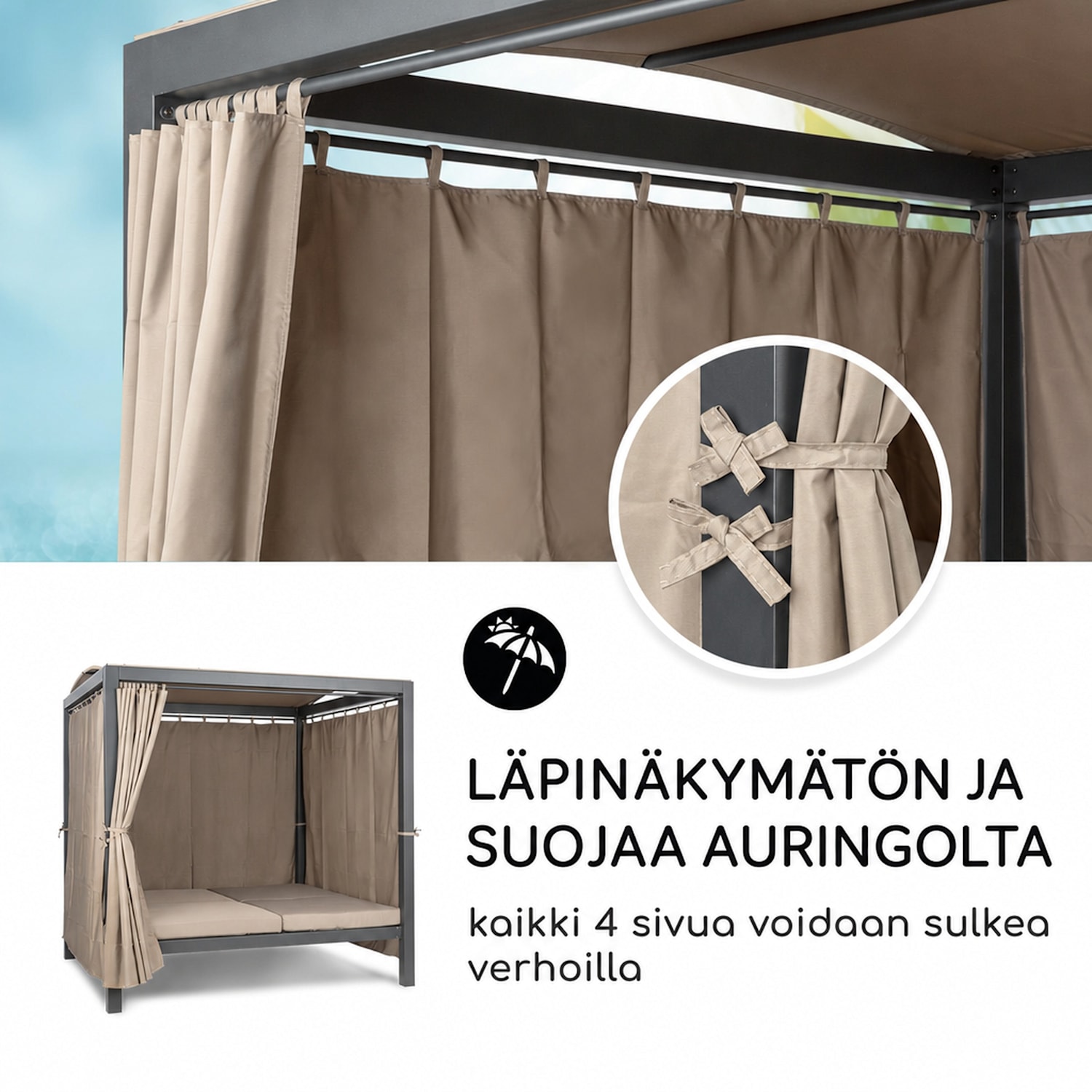 Eremitage Double XL, lepotuoli, 2 hengelle, teräsrunko, katos, verhot Antrasiitti / Vaalea Harmaanruskea