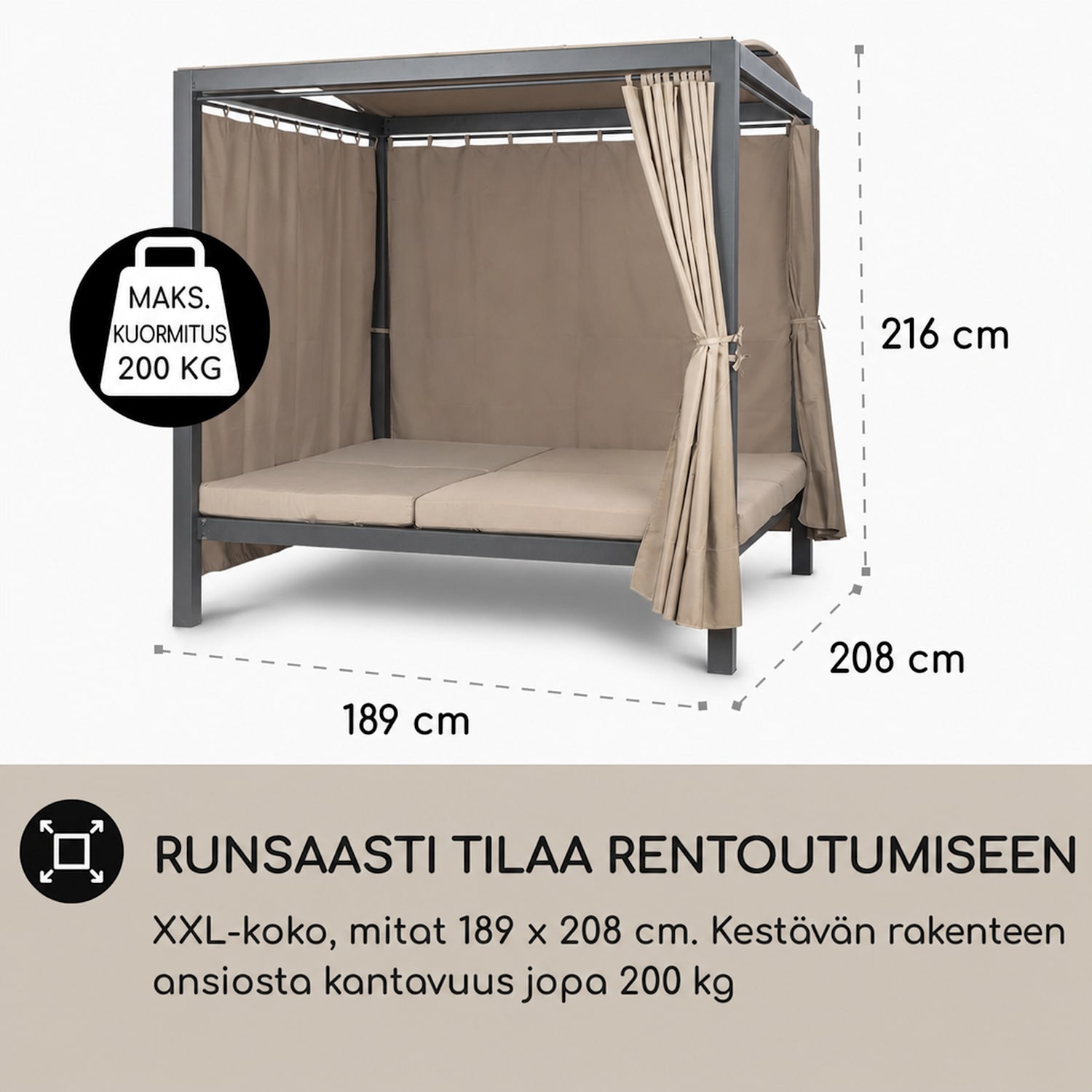 Eremitage Double XL, lepotuoli, 2 hengelle, teräsrunko, katos, verhot Antrasiitti / Vaalea Harmaanruskea