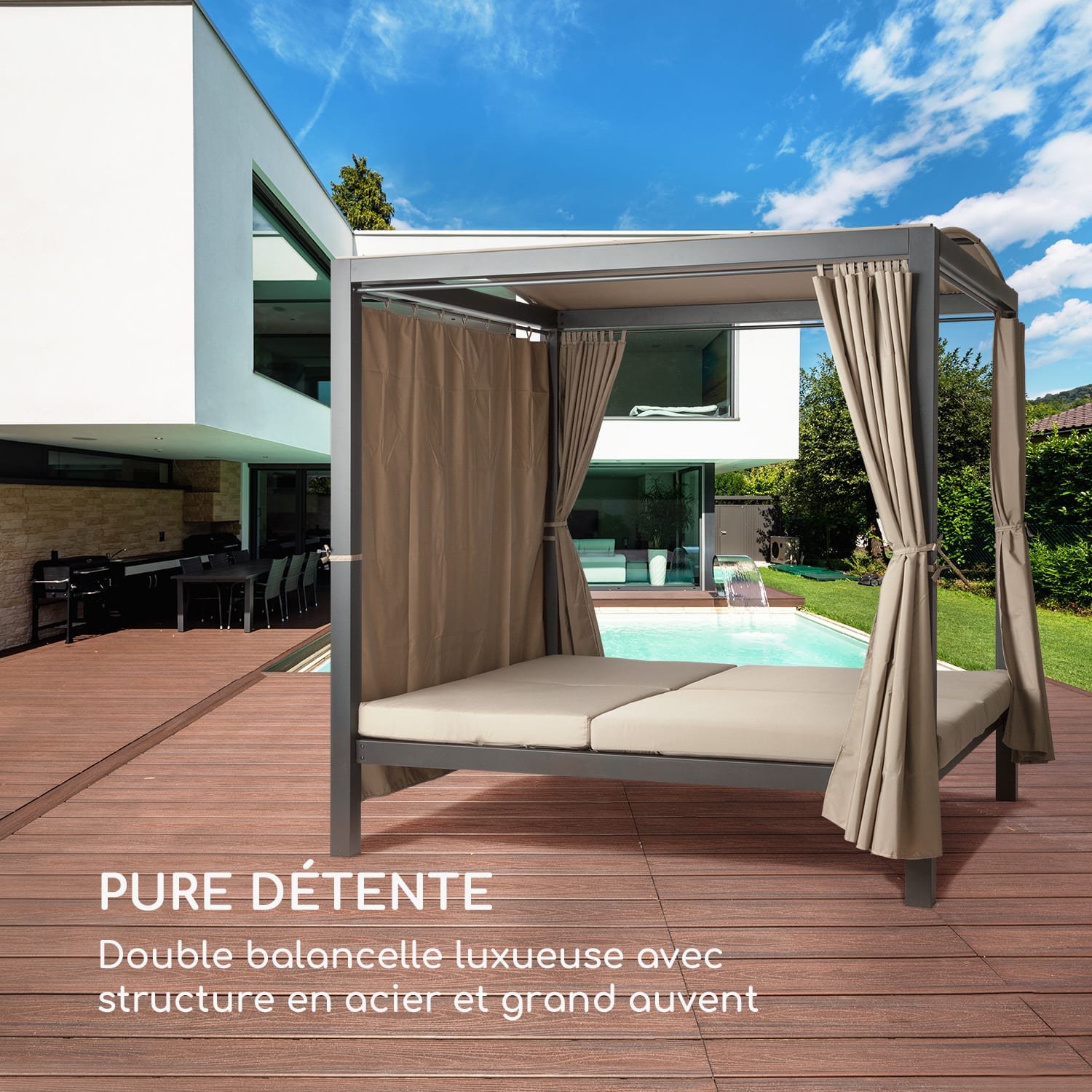 Hermitage Double XL balancelle 2 pers structure acier auvent rideaux Anthracite / Taupe clair