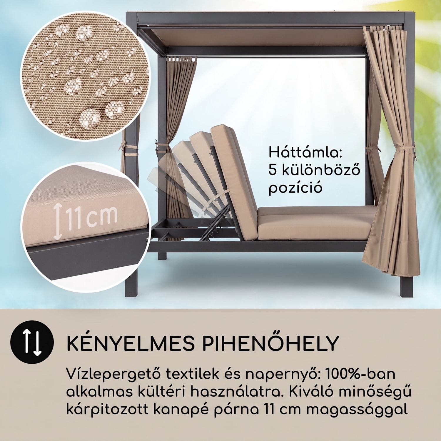 Eremitage Double XL napozóágy, 2 fő, fém váz, tető, függöny Antracit / világosszürke